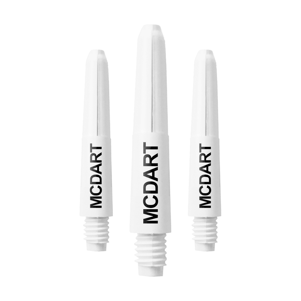MD-600_Nylon_Shafts_mit_Wunschdruck_Schneeweiss_28mm_1 Auf dem Bild sind drei weiße Nylon-Dartschäfte mit schwarzem Aufdruck "MCDART" zu sehen. Die Schäfte haben ein Schraubgewinde am unteren Ende.