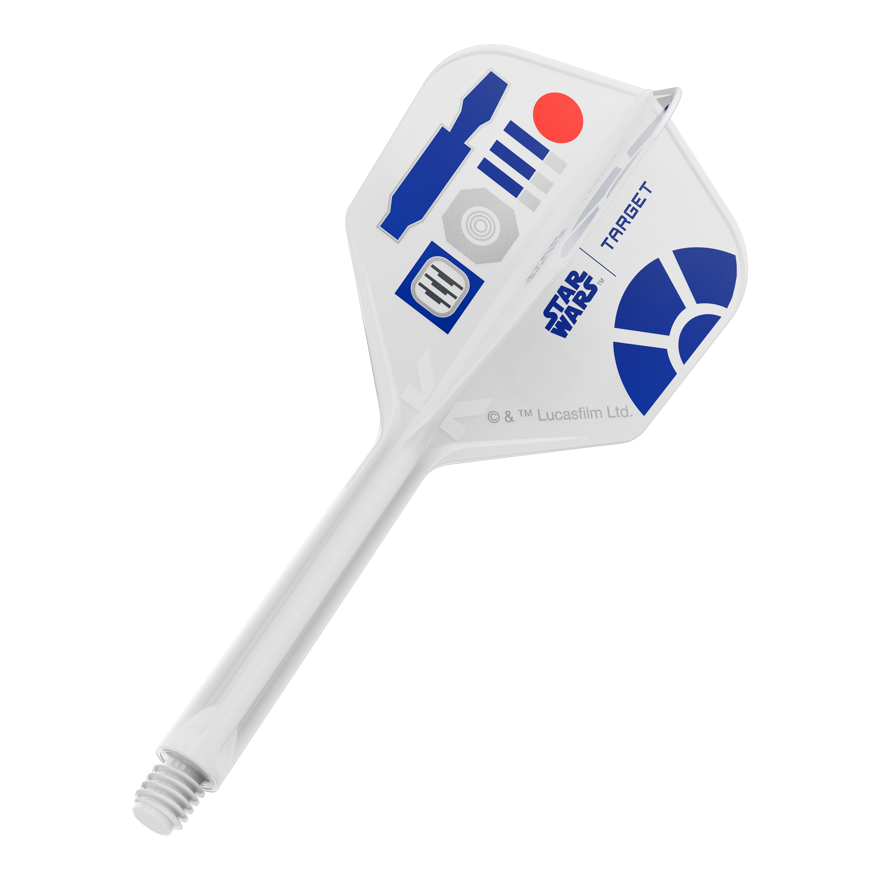 Target Star Wars K-Flex R2D2 No6 Flights Das Bild zeigt ein Produkt mit dem Dateinamen 410512_Target_StarWars_KFlex_R2D2_No6_Flights_Medium_33mm_1. Es dürfte ein Dart-Flight im Star Wars Design sein.