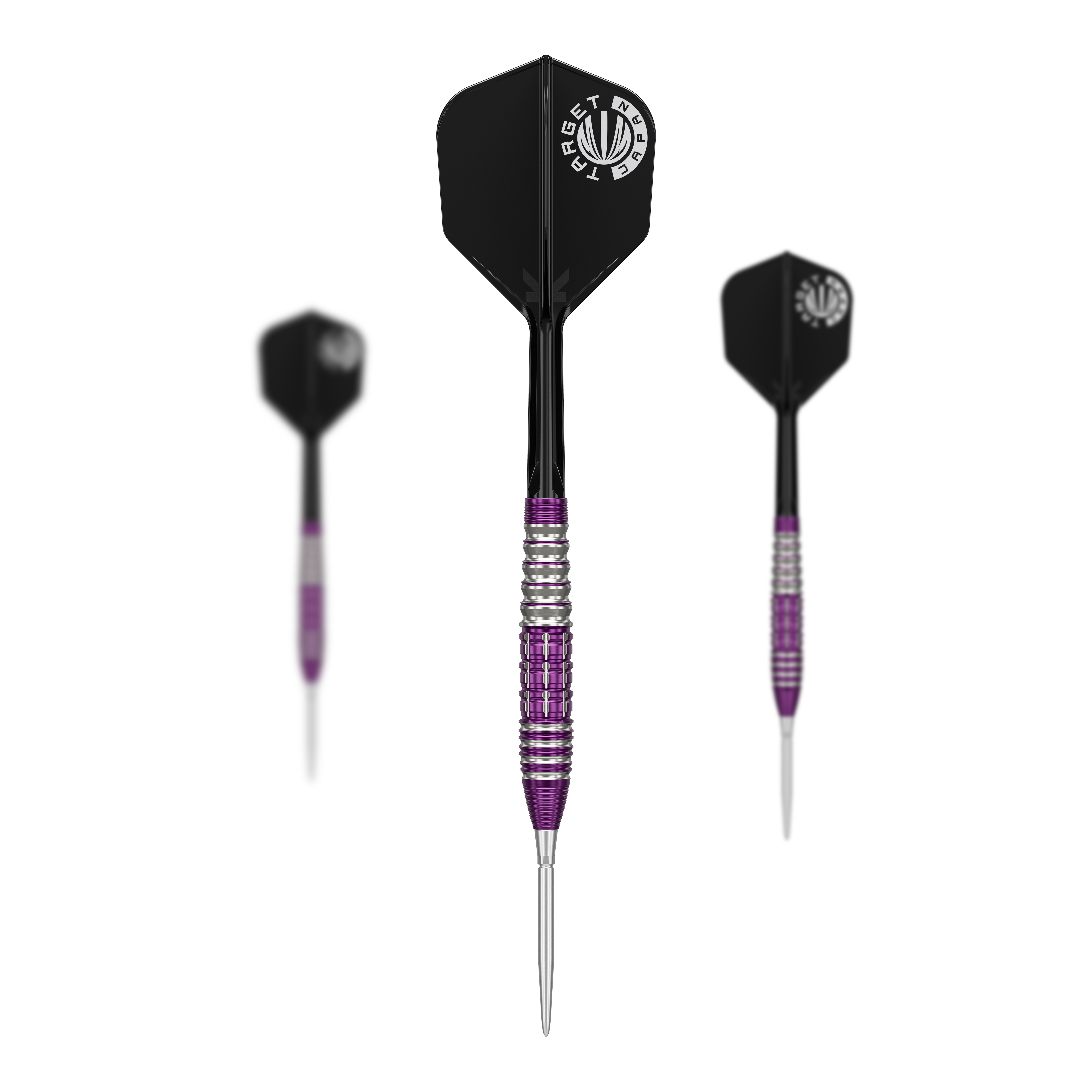 Das Bild zeigt drei Steeldarts der Marke "Target Japan Prime Series Tung Suk Zenith GEN1 Swiss Point" mit einem Gewicht von 23g. Die Darts haben silberne und lila Akzente sowie schwarze Flights mit weißem Logo.
