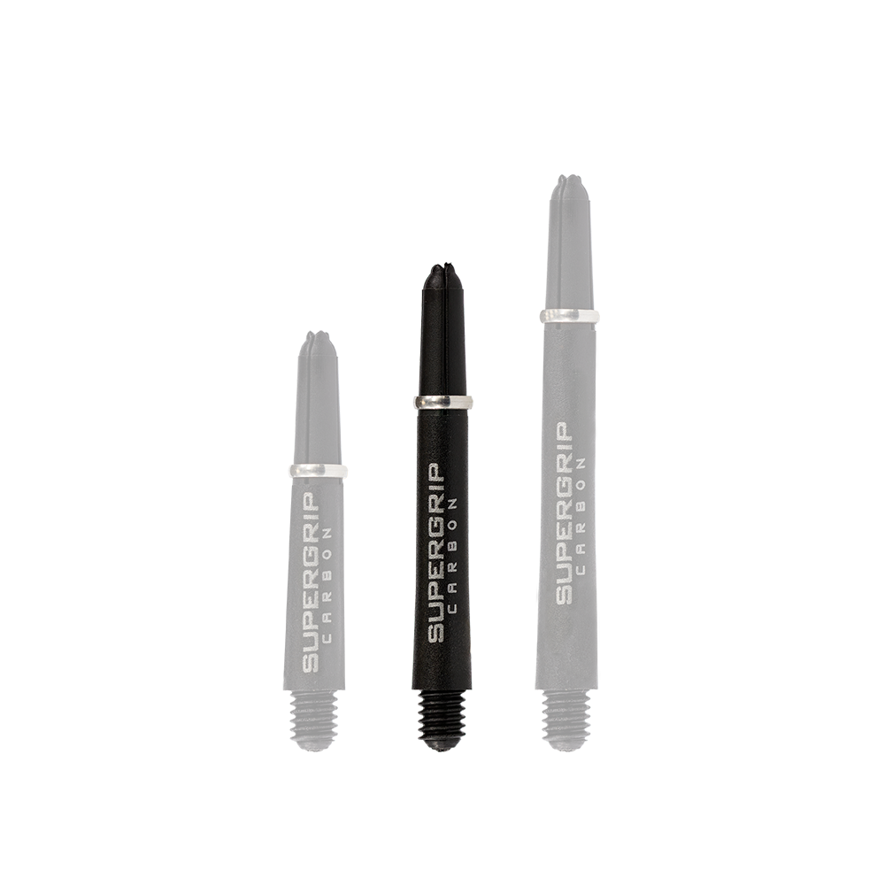 HR355_Harrows_Supergrip_Carbon_Shafts_Silber_40mm_1 Das Bild zeigt drei verschiedene Längen der Harrows Supergrip Carbon Shafts in Silber. Die Schäfte sind schwarz mit silberner Beschriftung und silbernem Ring.