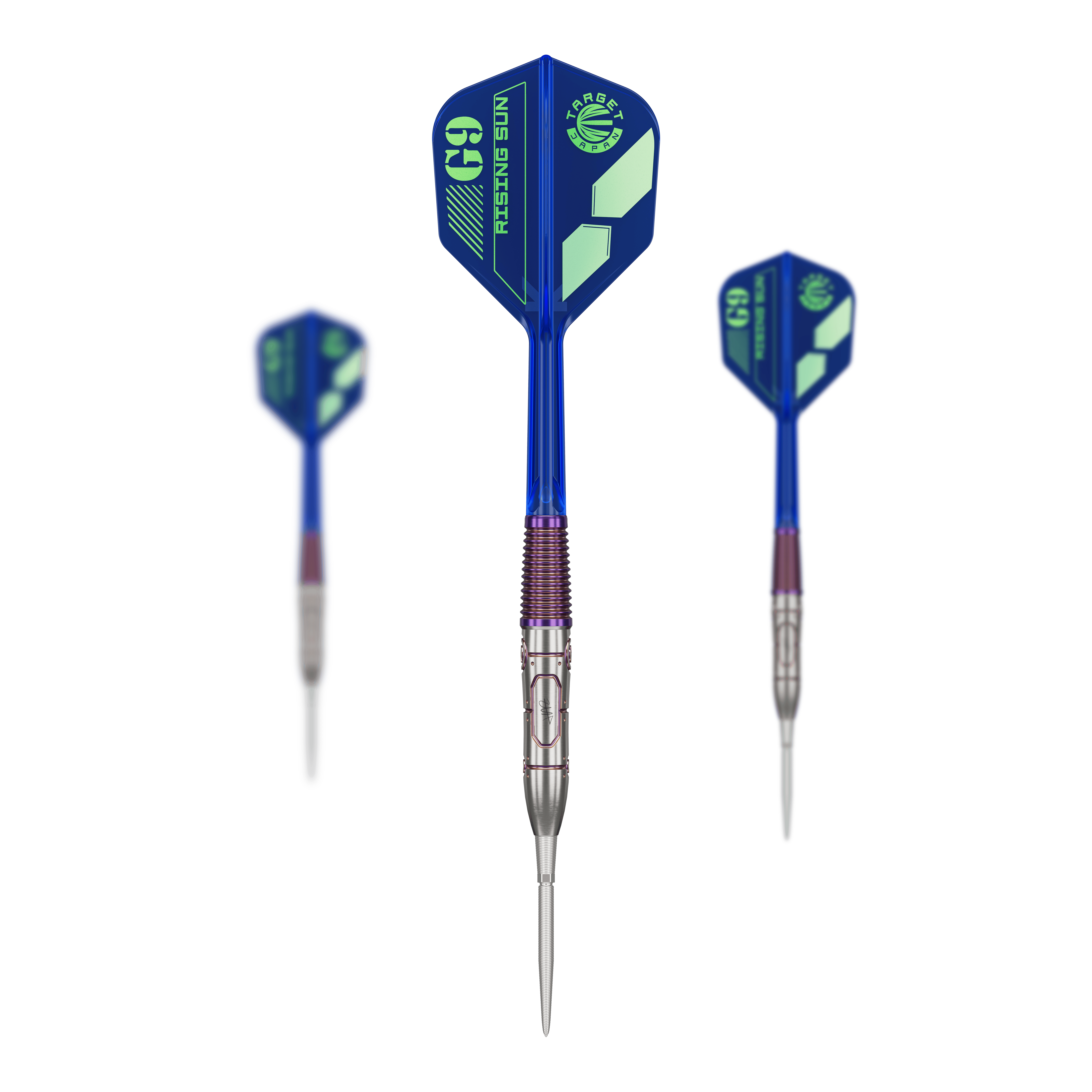 Auf dem Bild sind drei Steeldarts des Modells "Target Japan Haruki Muramatsu Rising Sun GEN9" zu sehen. Die Darts haben blaue Flights und silberne Spitzen.