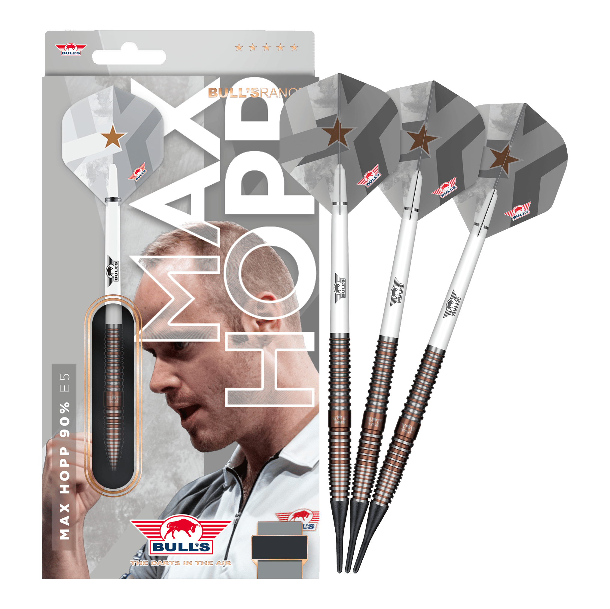 Bulls NL Max Hopp E5 Softdarts - 20g Zu sehen ist das Set Bulls NL Max Hopp E5 Softdarts im Gewicht 20g. Die Darts sind ideal für Softdart-Enthusiasten geeignet.