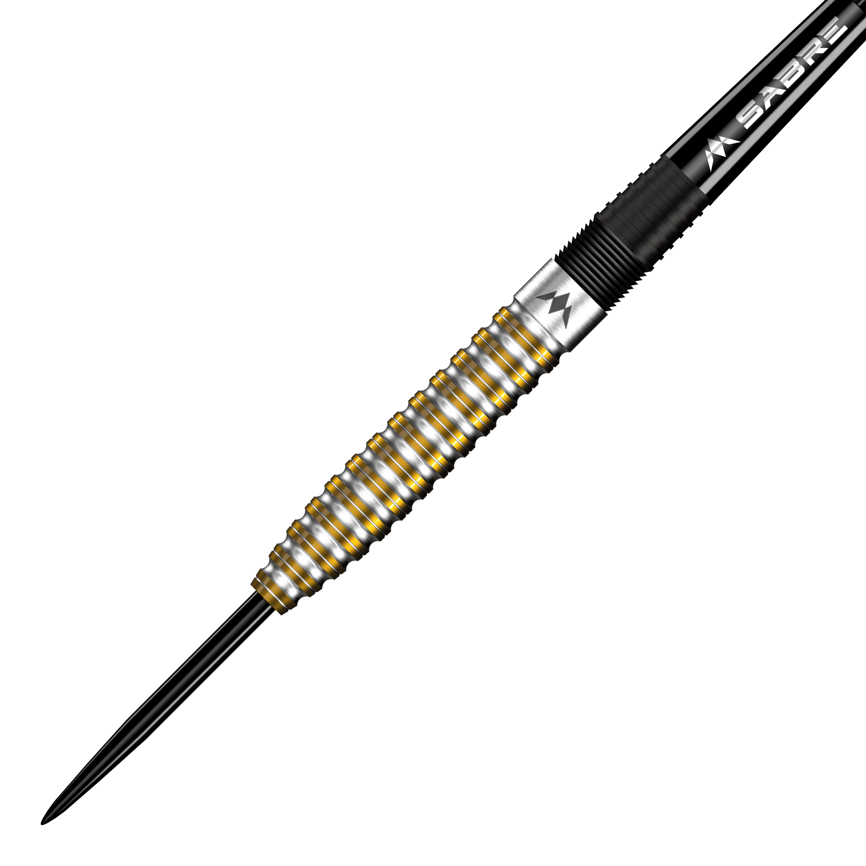 Mission Oskar Lukasiak Black Gold PVD Steeldarts - 22g Das Bild zeigt einen Steeldart mit silbernen und goldenen Rillen auf dem Barrel. Es handelt sich um den "Mission Oskar Lukasiak Black Gold PVD Steeldart - 22g".