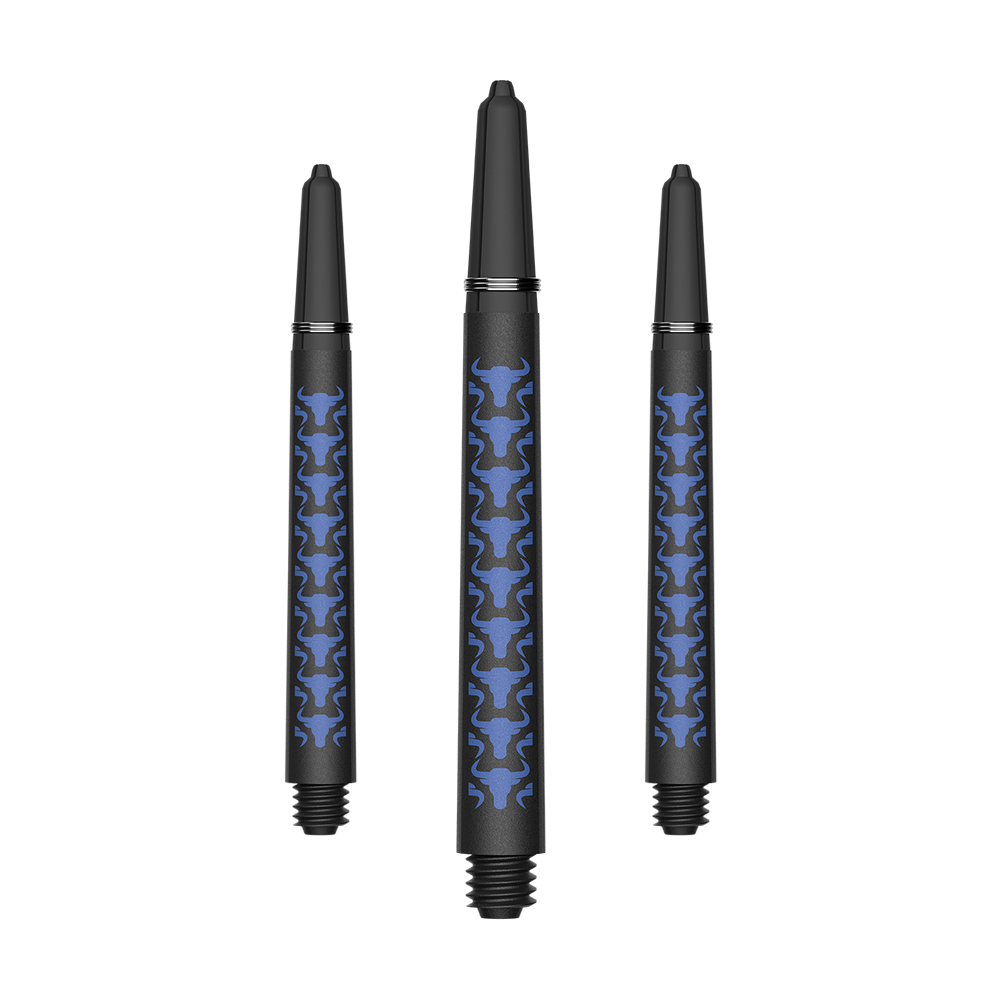 Gezeigt wird ein Set von BullsNL Capo Carbon Shafts in Blau, Medium, 46mm. Die Schäfte sind aus haltbarem Carbon gefertigt.