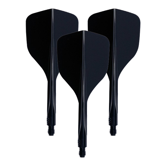 Condor Axe 120 Flight-System Schwarz - Small Das Bild zeigt drei schwarze Dart-Flights mit integriertem Schaft. Es handelt sich um das Produkt "Condor Axe 120 Flight-System Schwarz - Small".