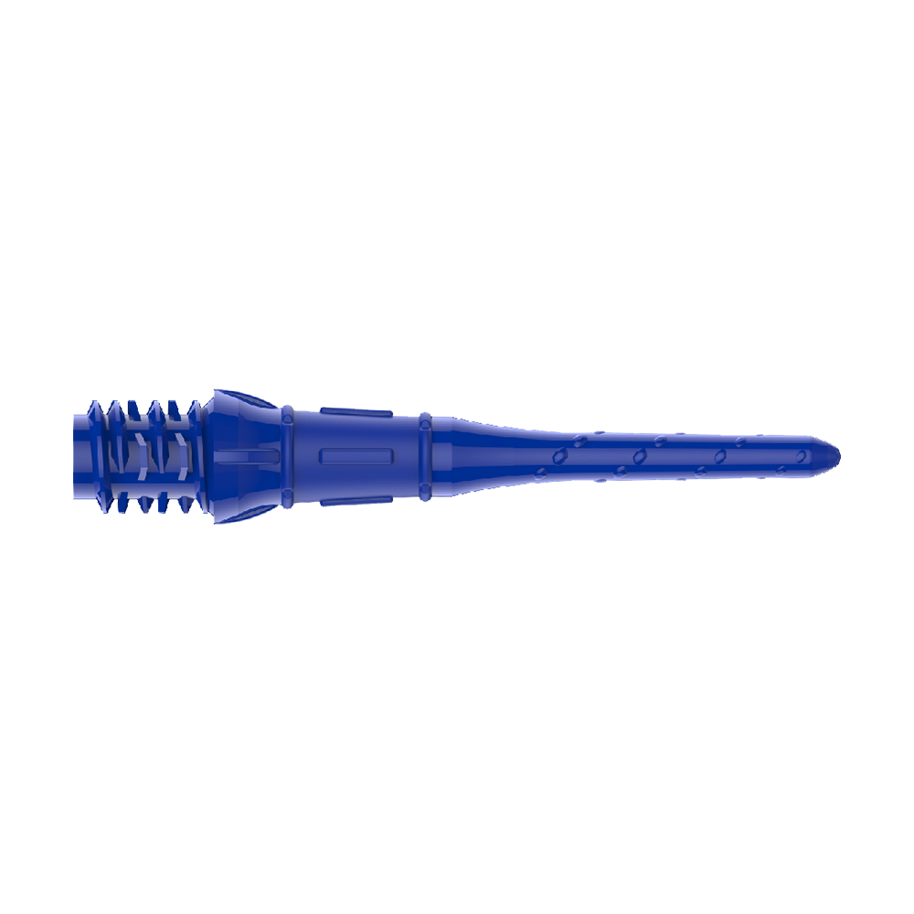 Das Bild zeigt eine blaue Dartspitze aus Kunststoff. Die Spitze hat mehrere Kerben und eine strukturierte Oberfläche für besseren Halt.