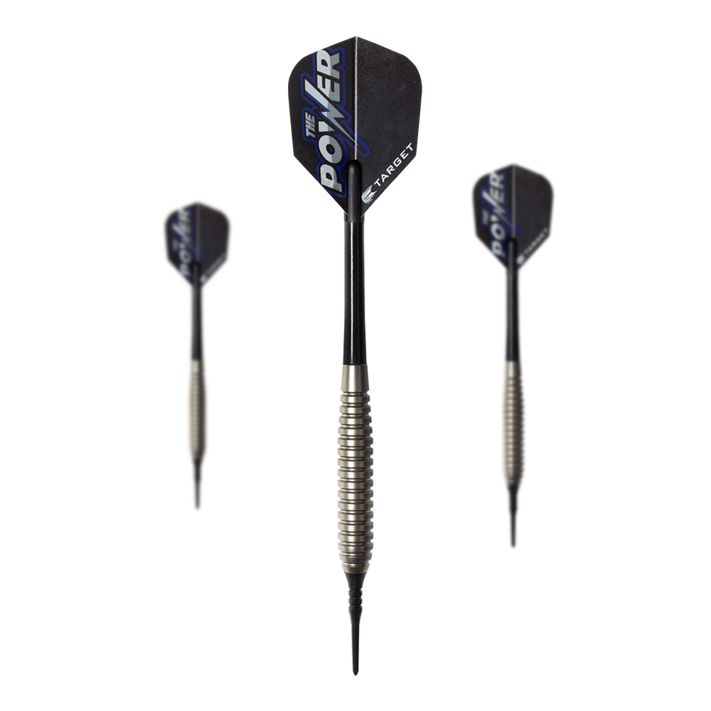 Target Phil Taylor Power Silverlight Softdarts Das Bild zeigt drei Softdarts des Modells "Target Phil Taylor Power Silverlight". Die Darts haben silberne Griffe und schwarze Flights mit der Aufschrift "The Power".