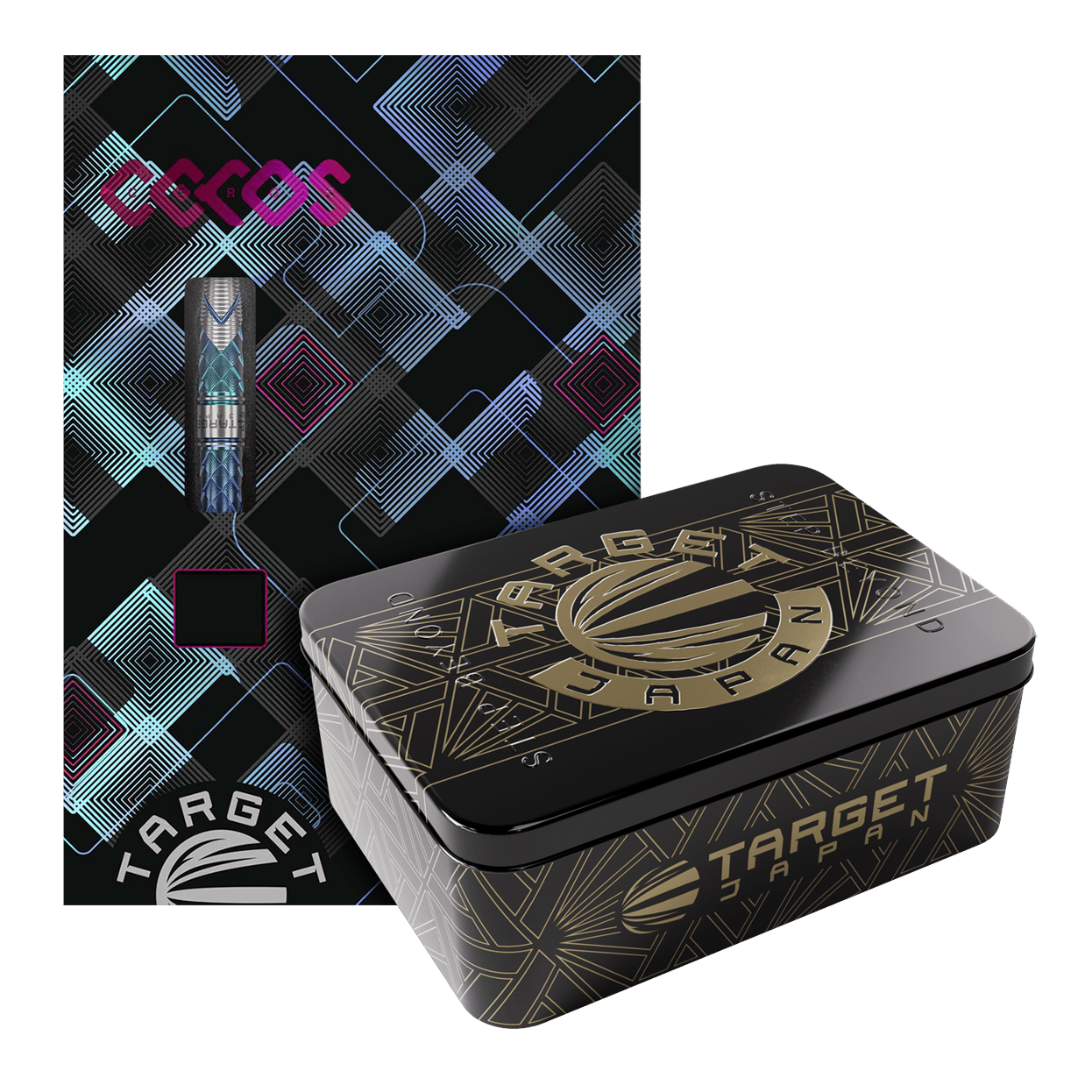 Target Japan Kaze Series Ceros 03 Softdarts - 19g Das Bild zeigt die "Target Japan Kaze Series Ceros 03 Softdarts - 19g" in einer dekorativen Verpackung. Neben der bunten Kartonverpackung steht eine elegante schwarze Metallbox mit goldenen Verzierungen.