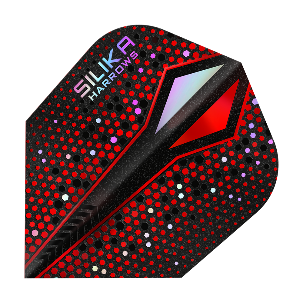 Harrows Silika Colourshift Tough Crystalline Coating Red-X No6 Flights Das Bild zeigt ein Dart-Flight mit einem auffälligen roten und schwarzen Punktmuster. In der oberen Ecke steht der Schriftzug "Silika Harrows".