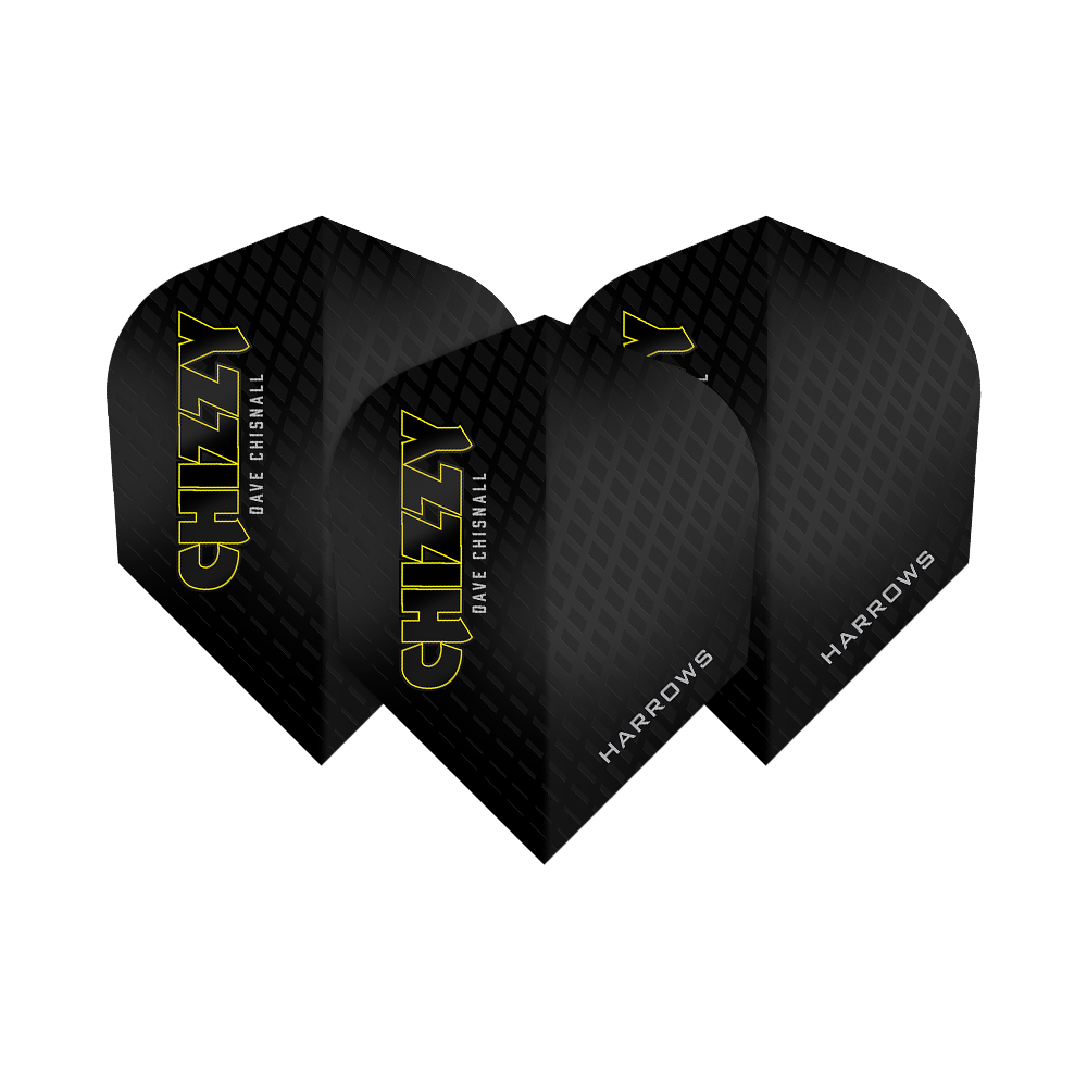 Harrows Dave Chisnall Chizzy Series 3 Flights Das Bild zeigt drei Dartflights der Marke Harrows aus der Dave Chisnall Chizzy Series 3. Die Flights sind schwarz mit gelbem Schriftzug „CHIZZY“ und verfügen über ein dezentes Rautenmuster.