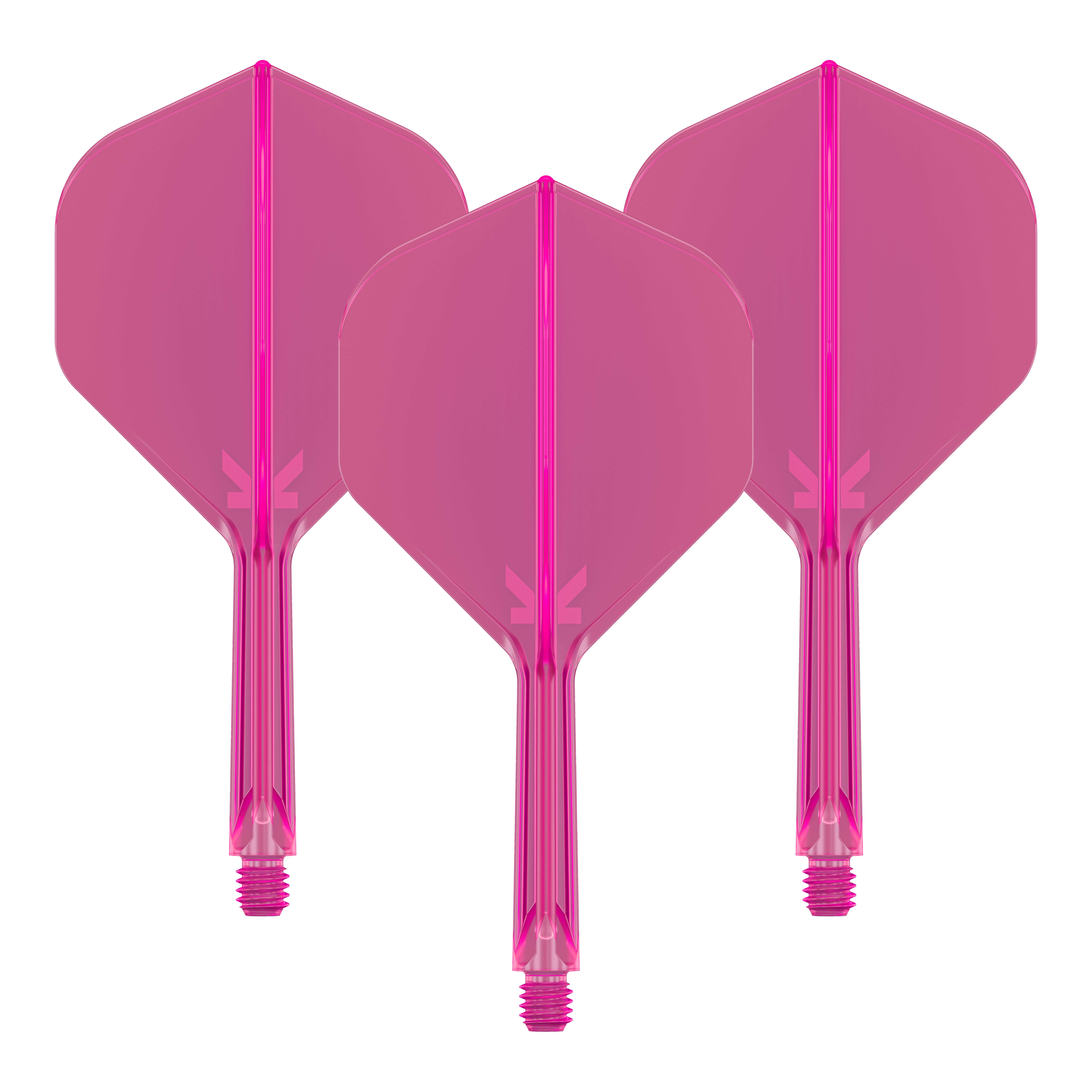 Auf dem Bild sind drei neonpinke Dartflights mit integriertem Schaft zu sehen. Sie sind identisch und jeweils transparent pink gefärbt.
