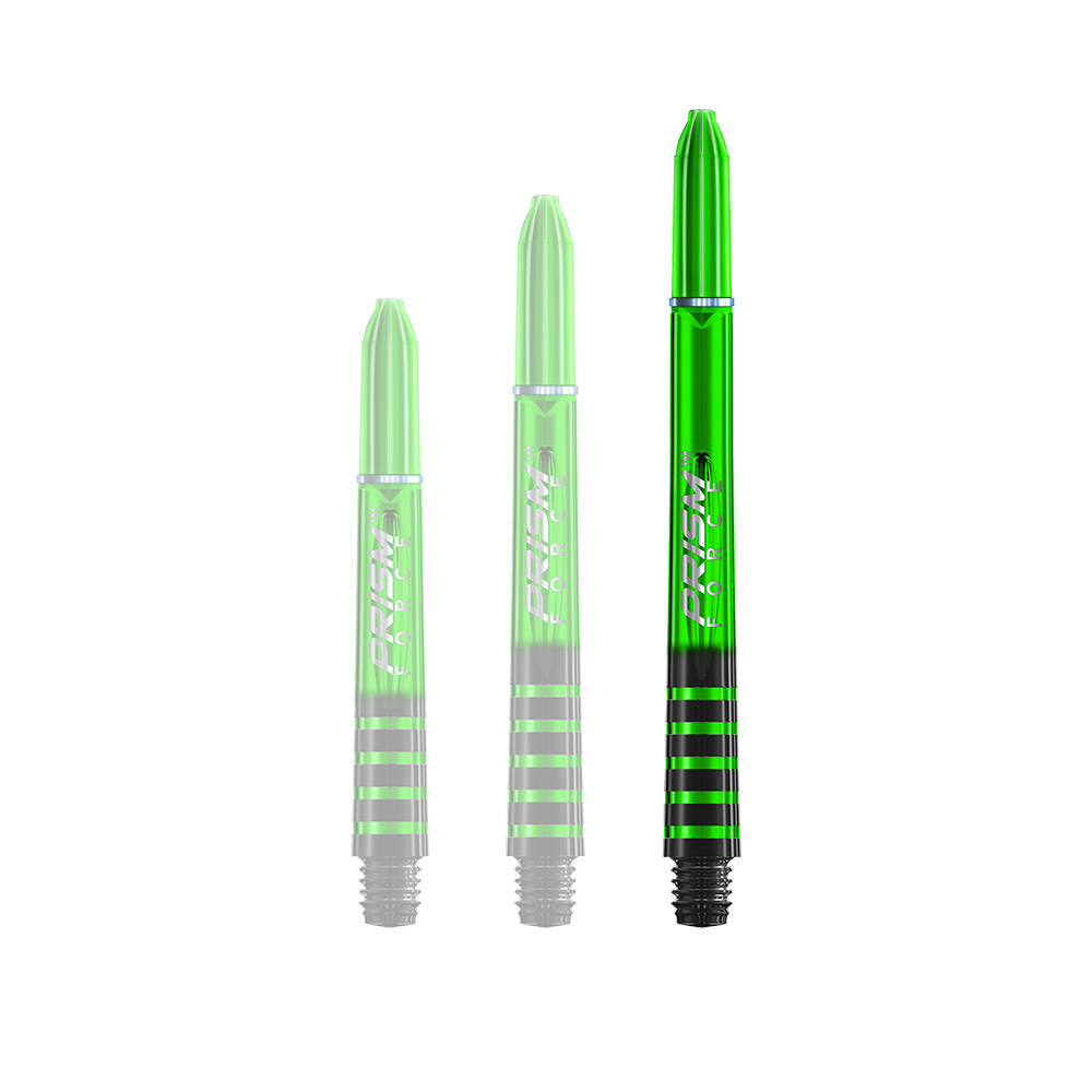 Auf dem Bild sind drei grüne Dartschäfte mit schwarzen Streifen zu sehen. Sie unterscheiden sich in ihrer Länge und tragen den Schriftzug "Prism Force".
