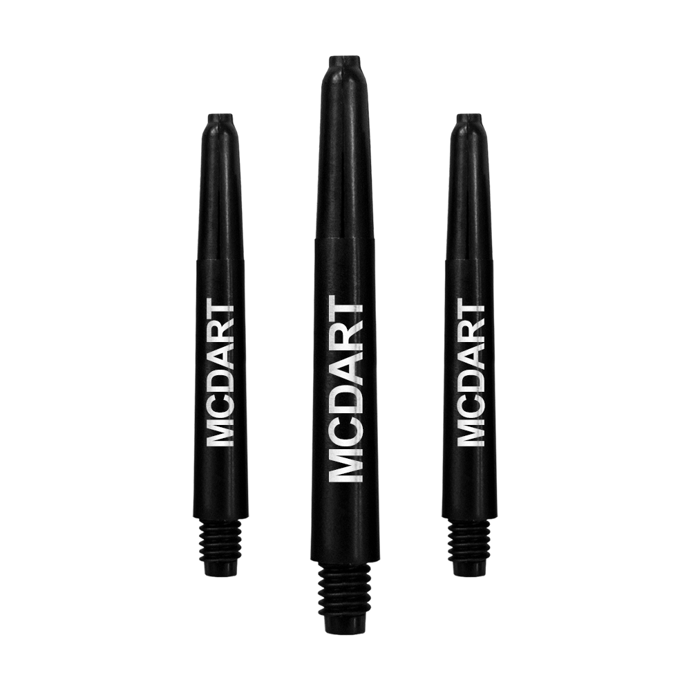 MD-610_Nylon_Shafts_mit_Wunschdruck_Schwarz_40mm_1 Auf dem Bild sind drei schwarze Dartschäfte aus Nylon zu sehen. Auf jedem Schaft steht in weißer Schrift das Wort "MCDART".