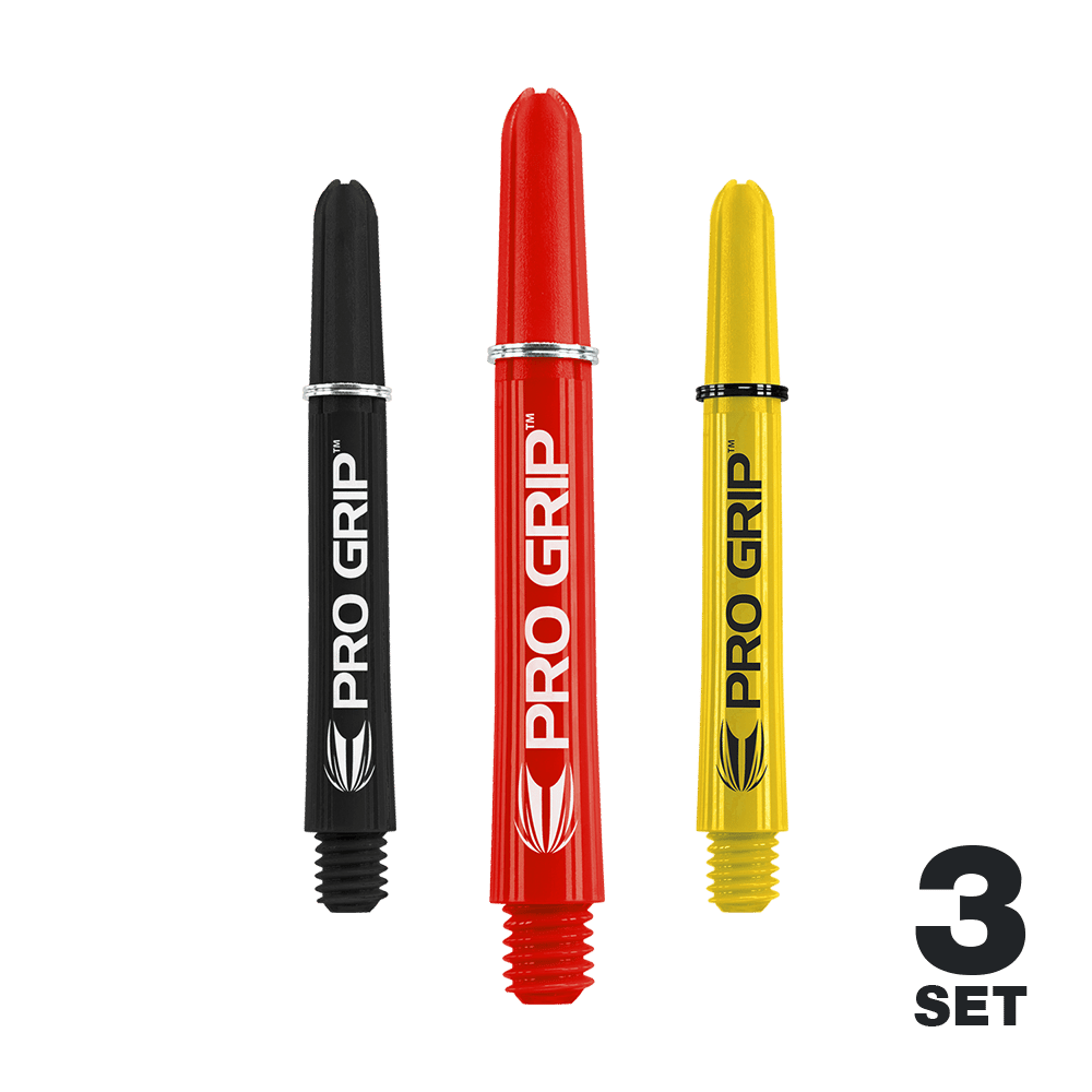 Das Bild zeigt drei Dartschäfte in den Farben Schwarz, Rot und Gelb mit der Aufschrift "PRO GRIP". Unten rechts steht "3 SET", was auf ein Set mit drei Schäften hinweist.