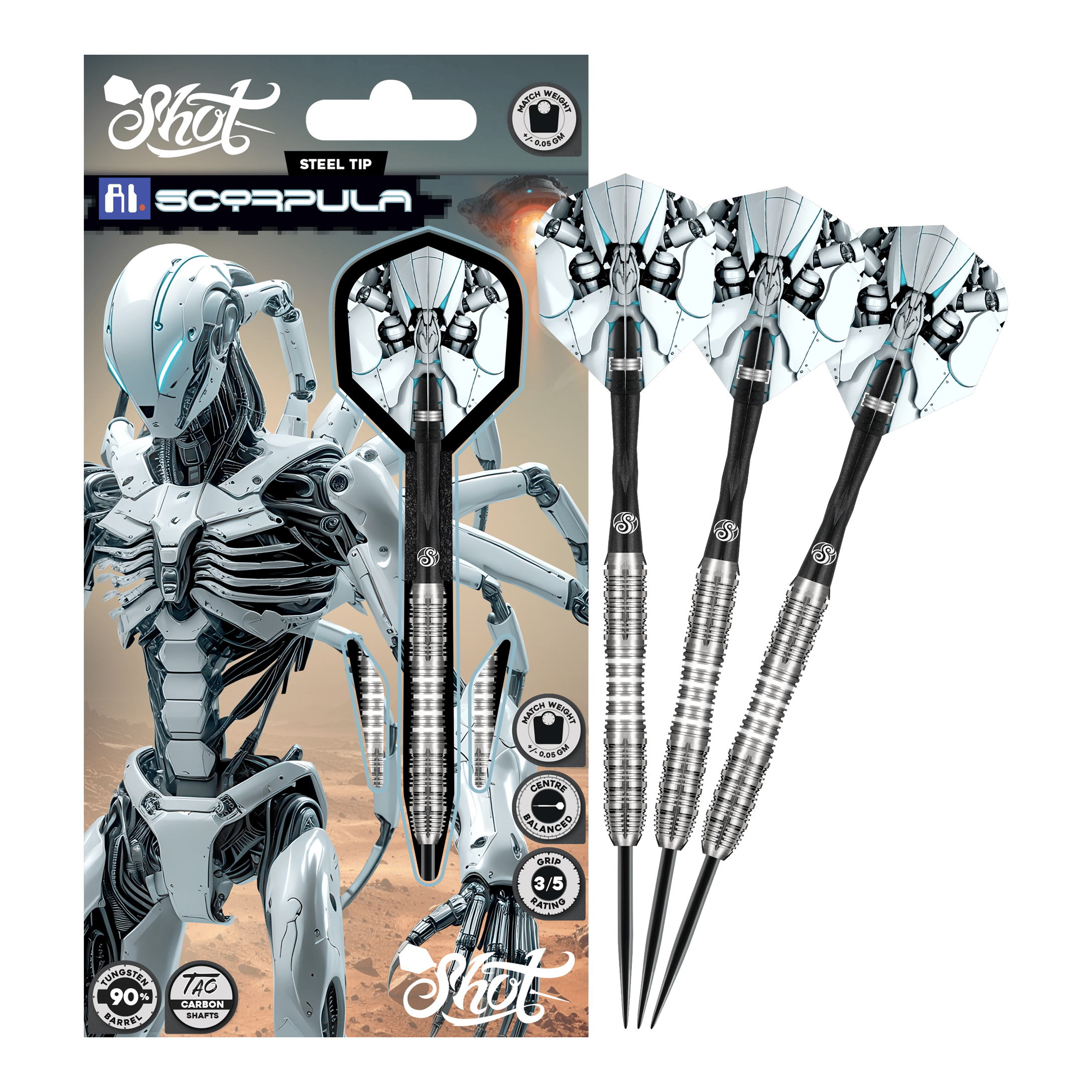 Zu sehen sind die Shot AI Scorpula Steeldarts in ihrer gesamten Länge. Das Produkt ist hochwertig verarbeitet.