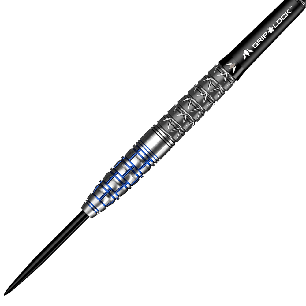 M001069_Mission_Xiaochen_Zong_Pandaman_Steeldarts_2 Das Bild zeigt einen Mission Xiaochen Zong Pandaman Steeldart mit einem Gewicht von 22g. Der Dartpfeil hat eine silberne Metalloberfläche mit blauen Akzenten und einem schwarzen Schaft.