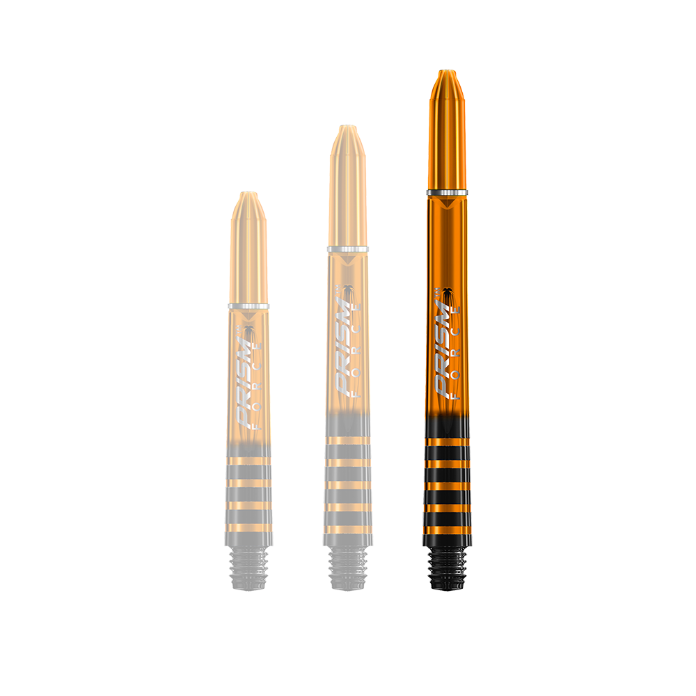 7020-207_Winmau_Prism_Force_Shafts_Orange_48mm_1KWhSGHKtaXdix Das Bild zeigt drei orangefarbene Winmau Prism Force Shafts in unterschiedlichen Längen. Die Shafts haben schwarze Streifen und den Aufdruck "Prism Force" in Weiß.