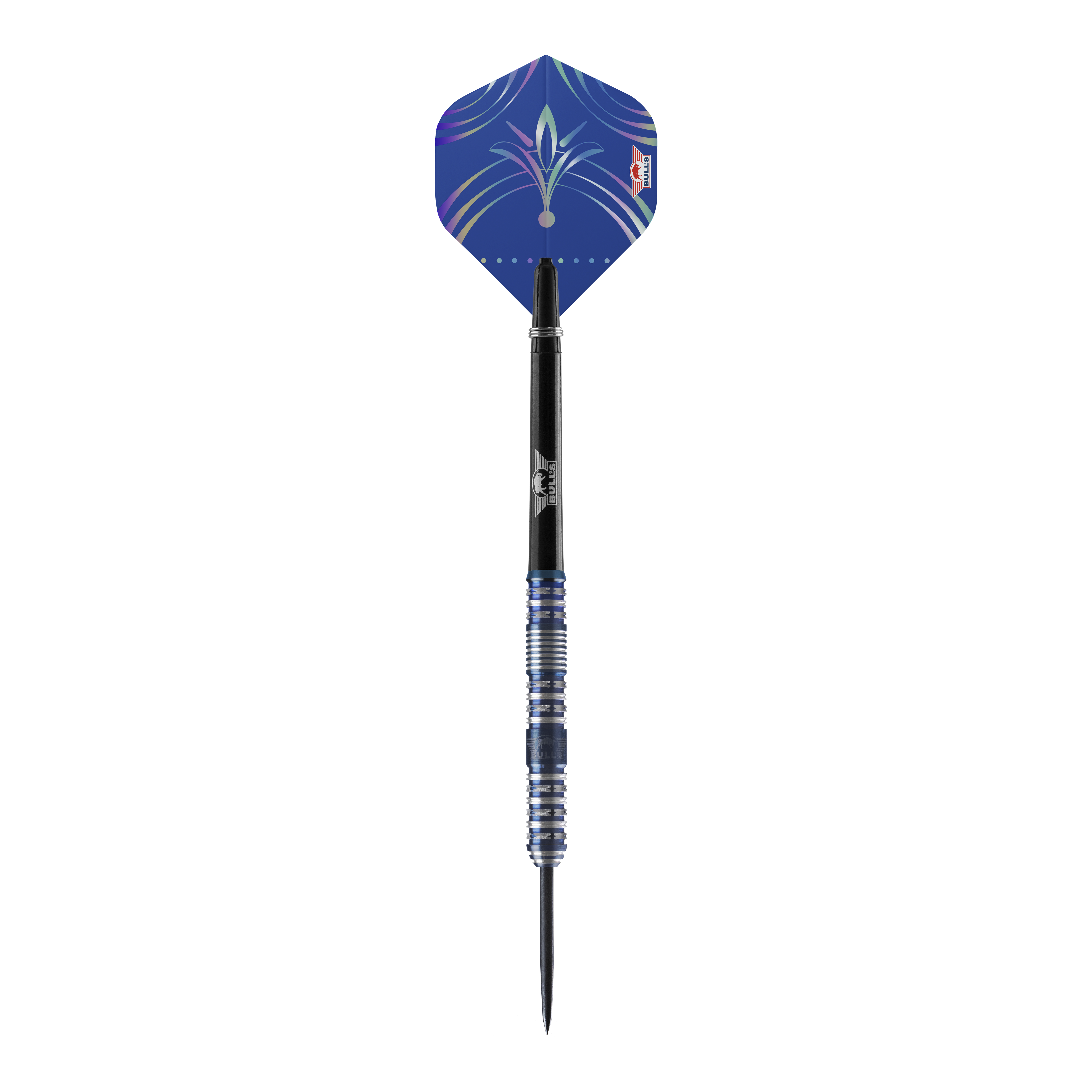 Bulls NL Silvian Steeldarts Das Bild zeigt einen Bulls NL Silvian Steeldart. Der Dart hat eine blaue Flights und einen silber-blauen Schaft mit Rillen.