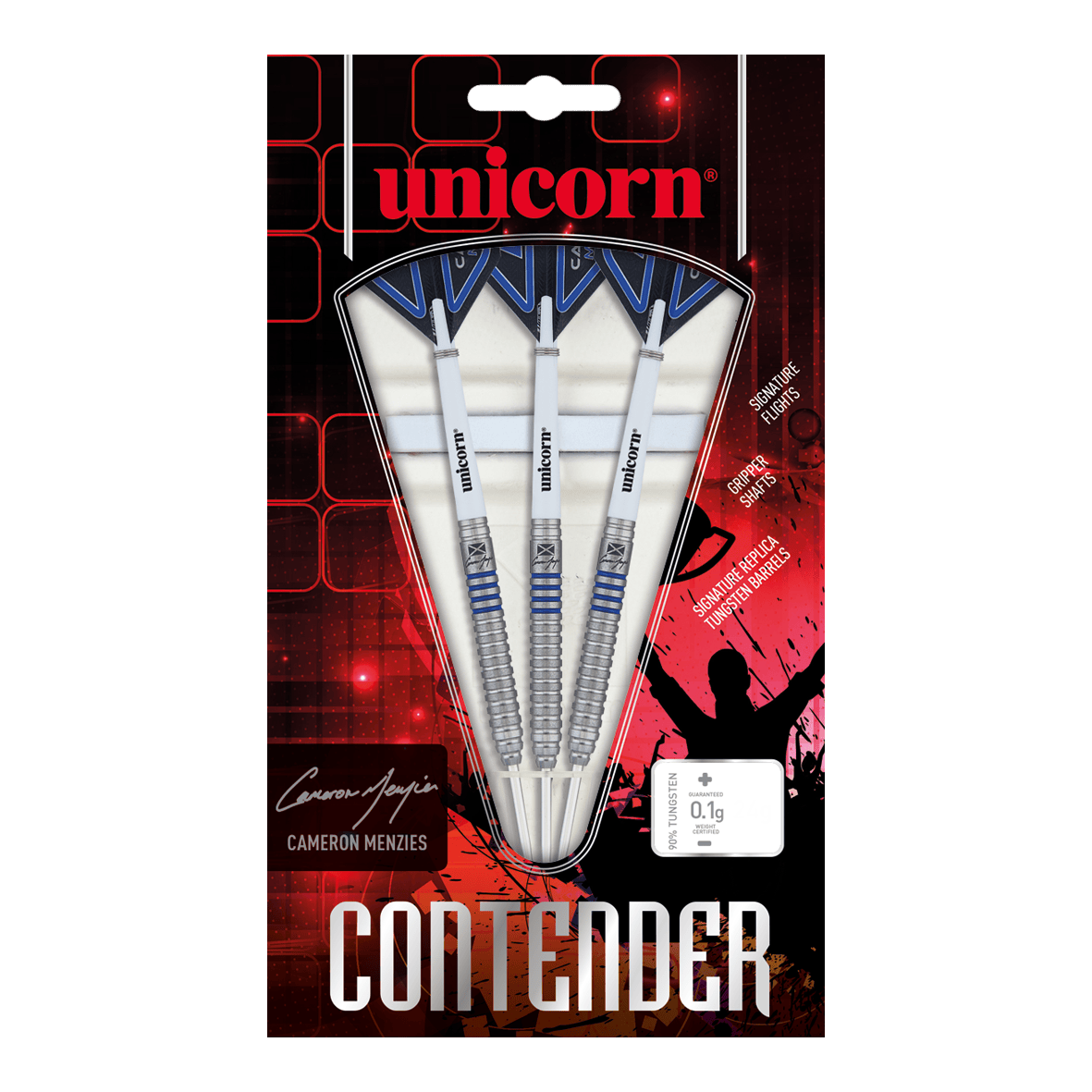 Unicorn Contender Cameron Menzies Steeldarts - 23g Das Bild zeigt eine Packung Unicorn Contender Camerion Menzies Steeldarts mit einem Gewicht von 23g. In der Verpackung befinden sich drei silberne Darts mit blauen Akzenten.
