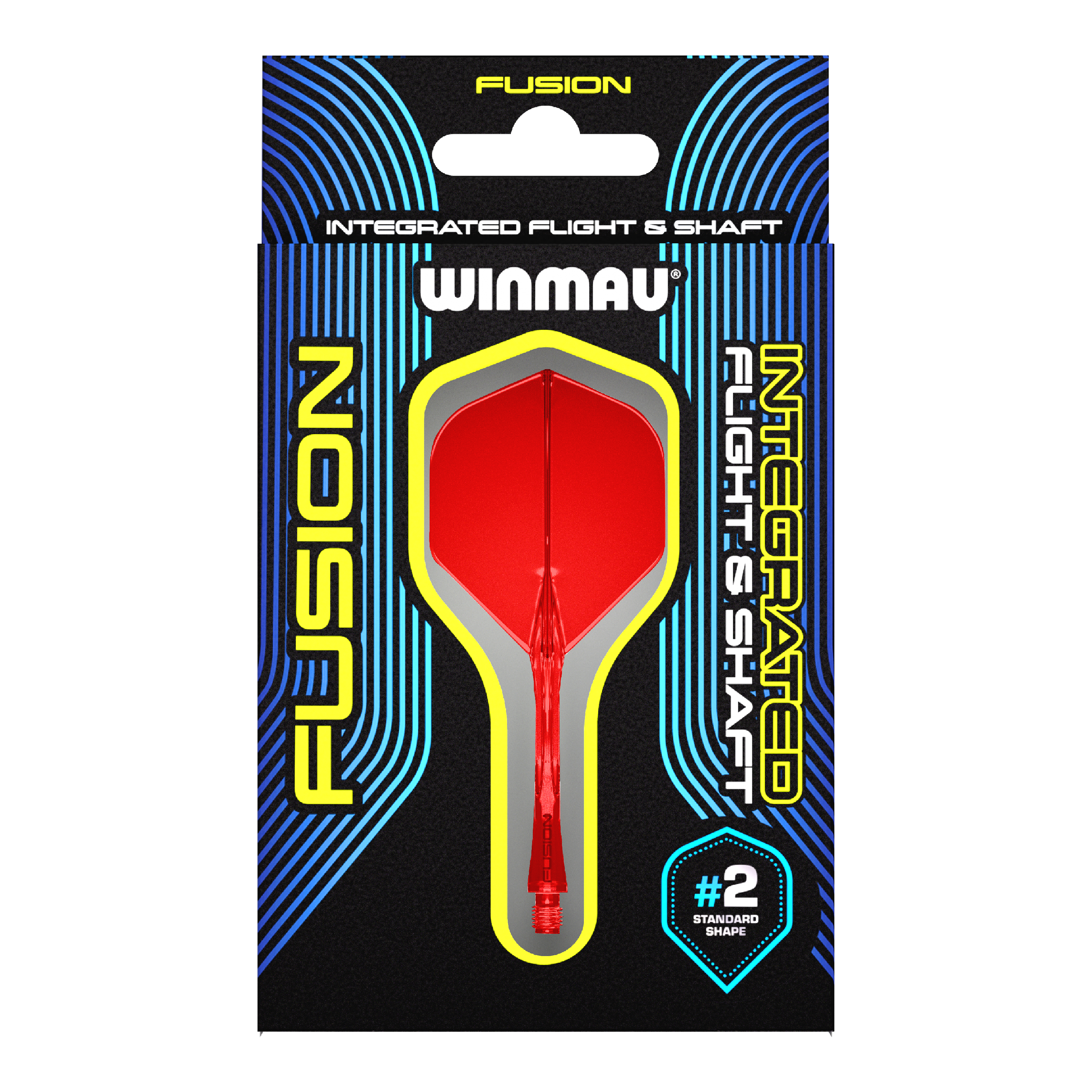 Winmau Fusion Flight-Shaft-System Standard Rot Das Bild zeigt eine Verpackung für das Winmau Fusion Integrated Flight & Shaft System in Rot. Im Mittelpunkt ist ein integrierter Dart-Flügel mit Schaft der Größe #2 im Standard-Shape zu sehen.