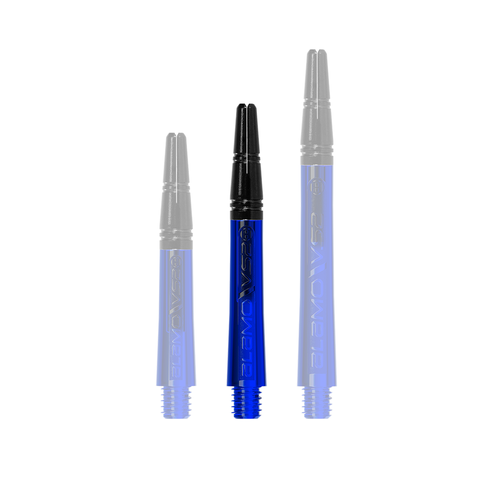 Harrows Alamo VS2 Shafts - Blau Das Bild zeigt drei blaue Dartschäfte mit schwarzen Spitzen in unterschiedlichen Längen. Sie stehen aufrecht nebeneinander vor einem weißen Hintergrund.