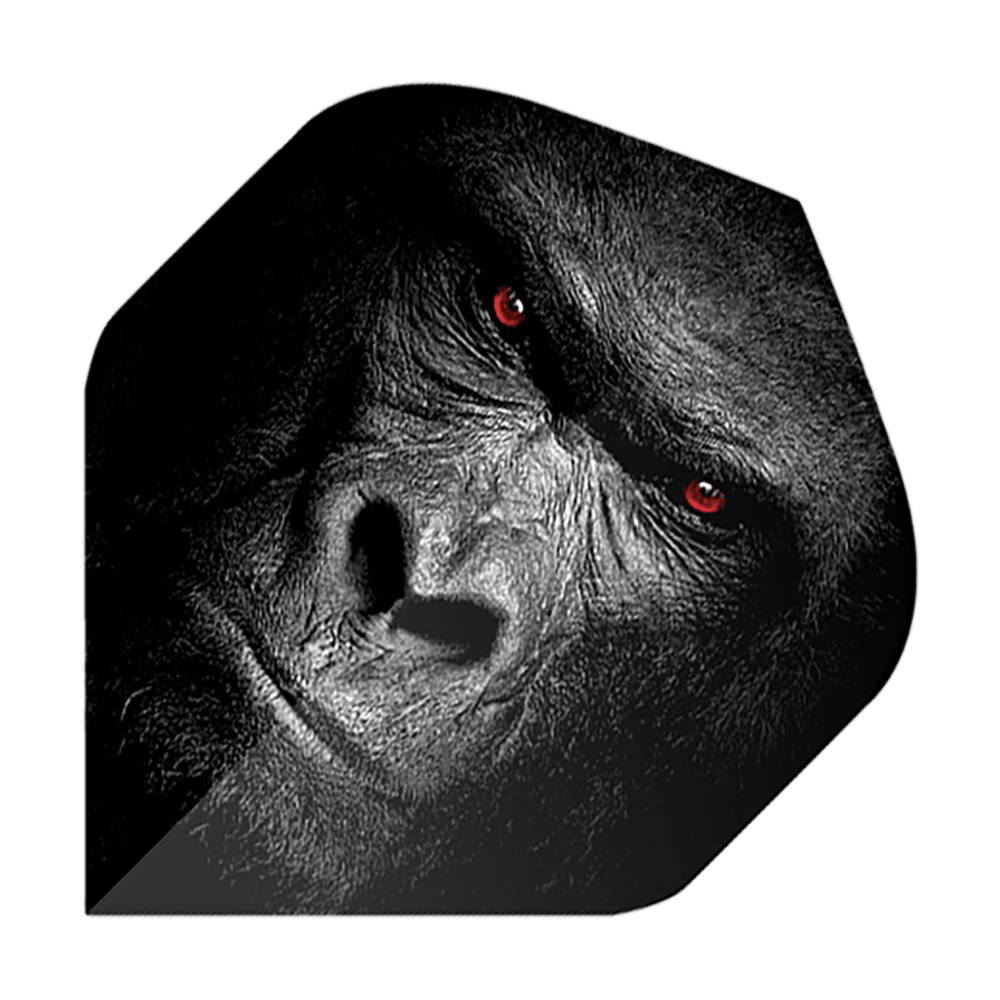 Pentathlon Flights Gorilla Das Bild zeigt ein Dart-Flight mit dem Gesicht eines Gorillas. Die Augen des Gorillas leuchten rot und der Hintergrund ist dunkel gehalten.