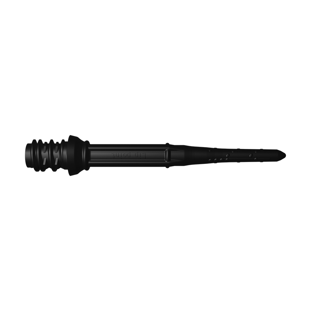 LIP42_L-Style_Premium_Lippoints_30_Softdartspitzen_30erPack_Schwarz_2 Das Bild zeigt eine schwarze Softdart-Spitze. Sie ist schmal, lang und hat kleine Löcher an der Seite.