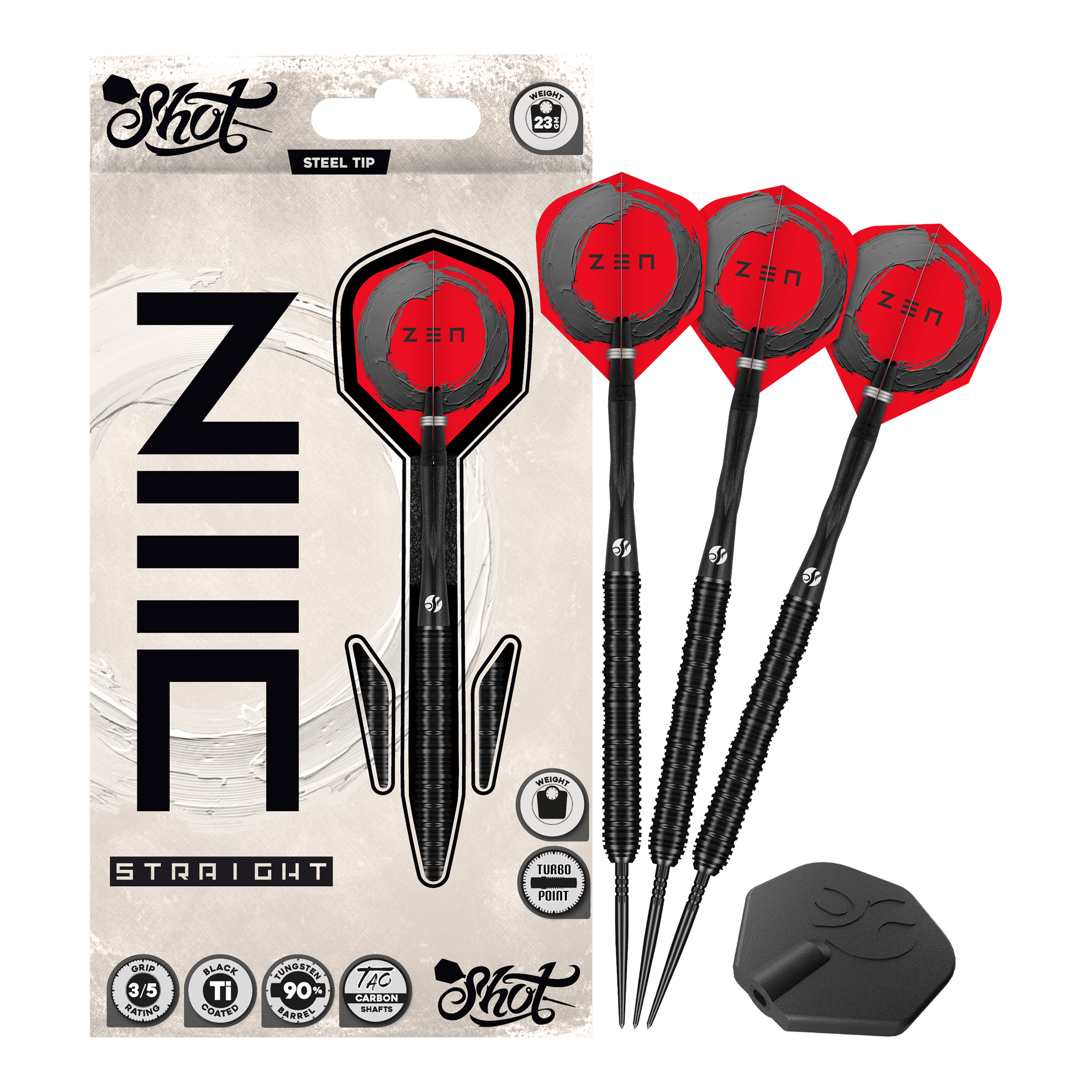 Shot ZEN Straight Turbo Point Steeldarts - 23g Das Bild zeigt Shot ZEN Straight Turbo Point Steeldarts - 23g in voller Länge. Die Steeldarts werden vollständig dargestellt.