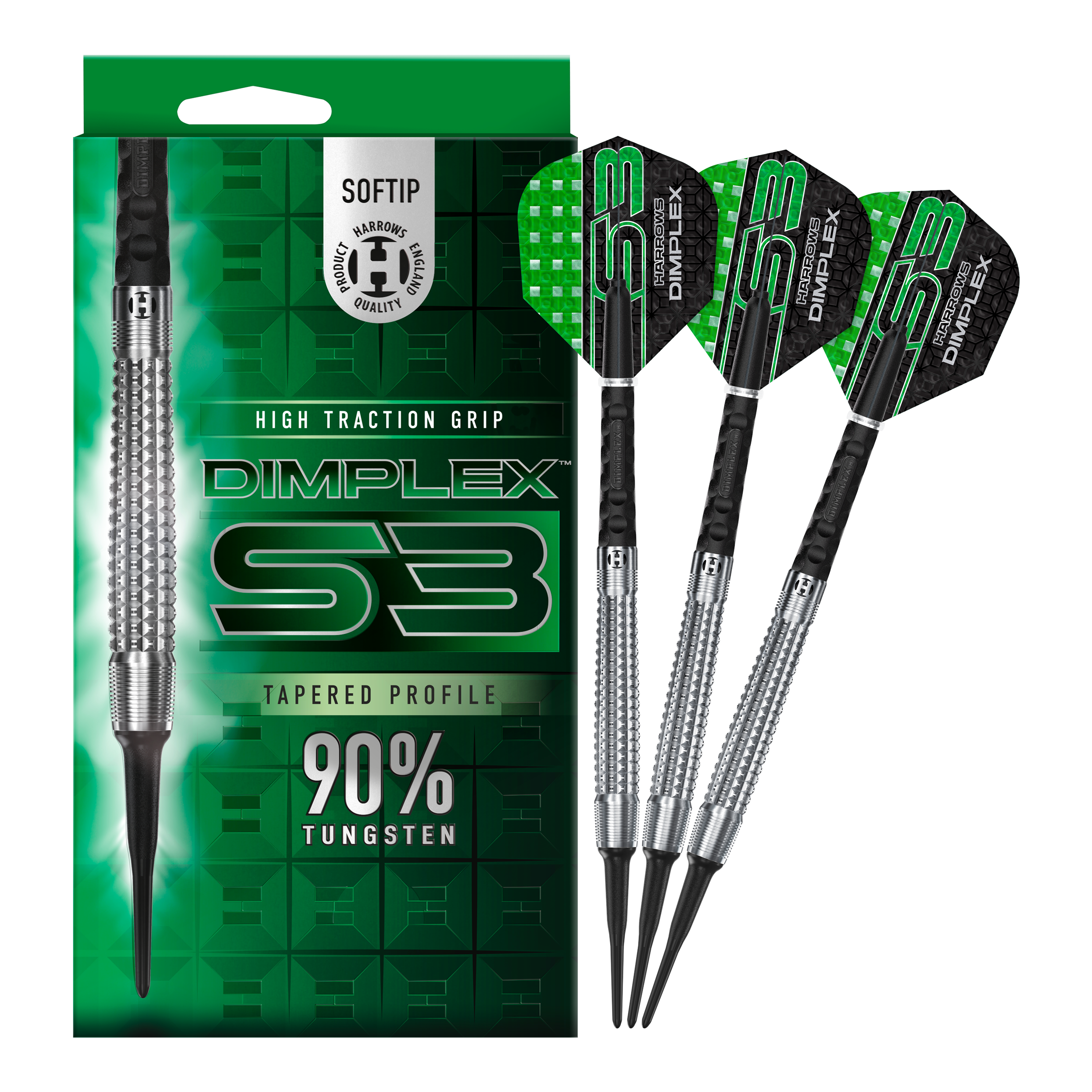 Harrows Dimplex S3 Tapered Softdarts Das Bild zeigt eine Packung und drei Softdarts der Marke "Harrows Dimplex S3 Tapered". Die Darts bestehen zu 90 % aus Tungsten und haben eine hohe Grifftraktion.