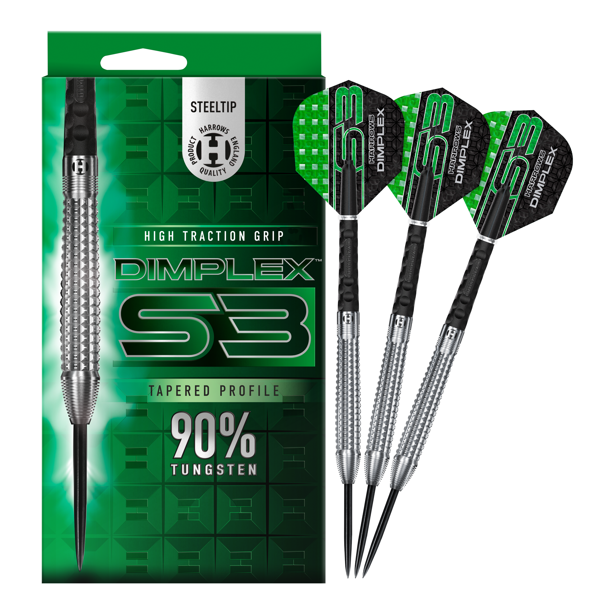 Harrows Dimplex S3 Tapered Steeldarts Ein weiteres Bild der Harrows Dimplex S3 Tapered Steeldarts. Die Darts liegen nebeneinander.