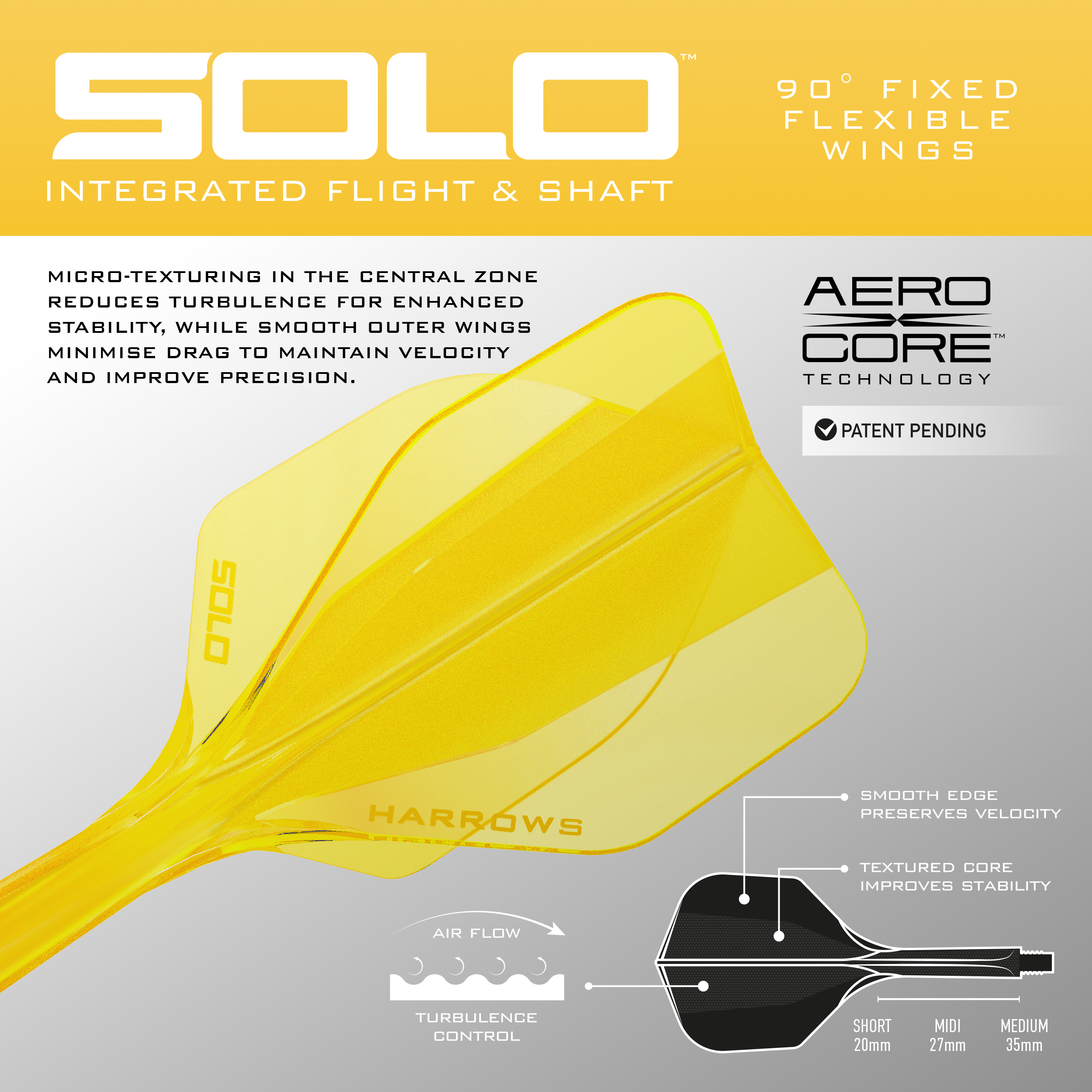 Harrows Solo No6 Flight-Shaft-System - Gelb Abgebildet ist das Harrows Solo No6 Flight-Shaft-System in Gelb. Dieses Produkt wird als Teil für Dartpfeile verwendet.