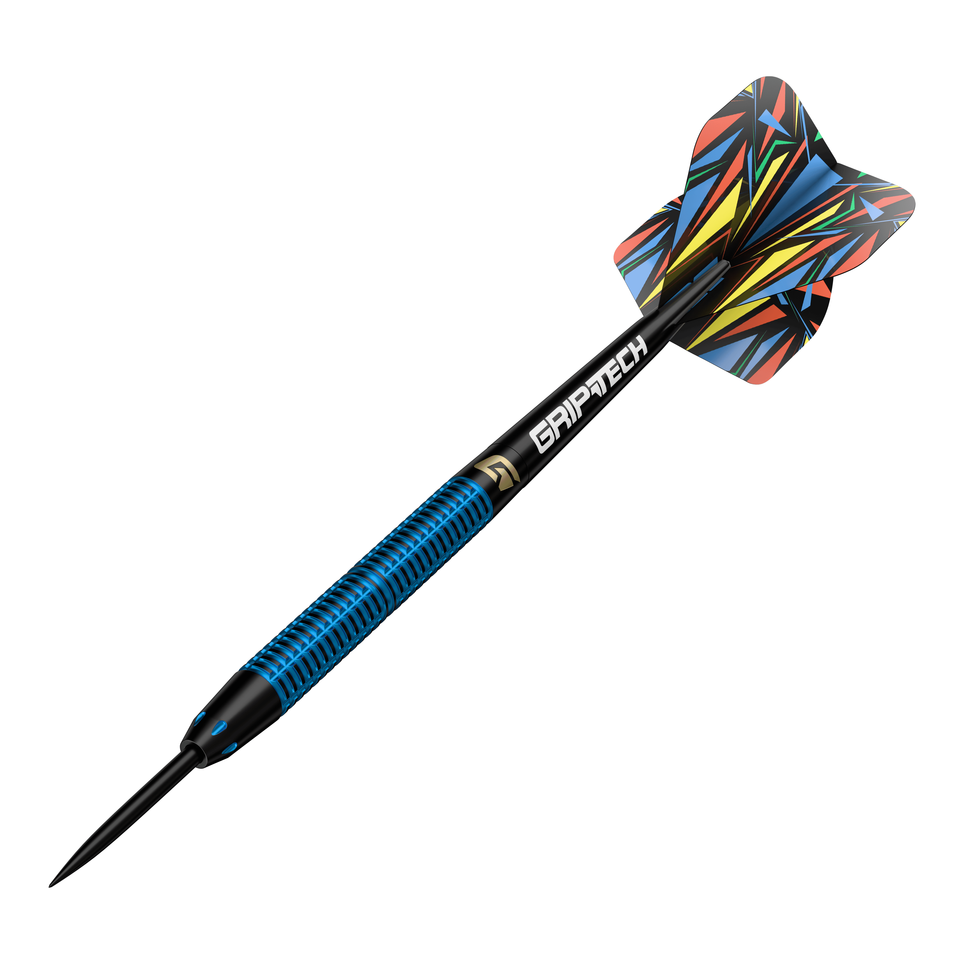 GOAT Athlete Blue Brass Steeldarts - 12g Dies ist der GOAT Athlete Blue Brass Steeldart mit einem Gewicht von 12g. Er hat ein auffälliges, bunt gemustertes Flight und einen blau-schwarzen Schaft mit der Aufschrift "GRIPTECH".