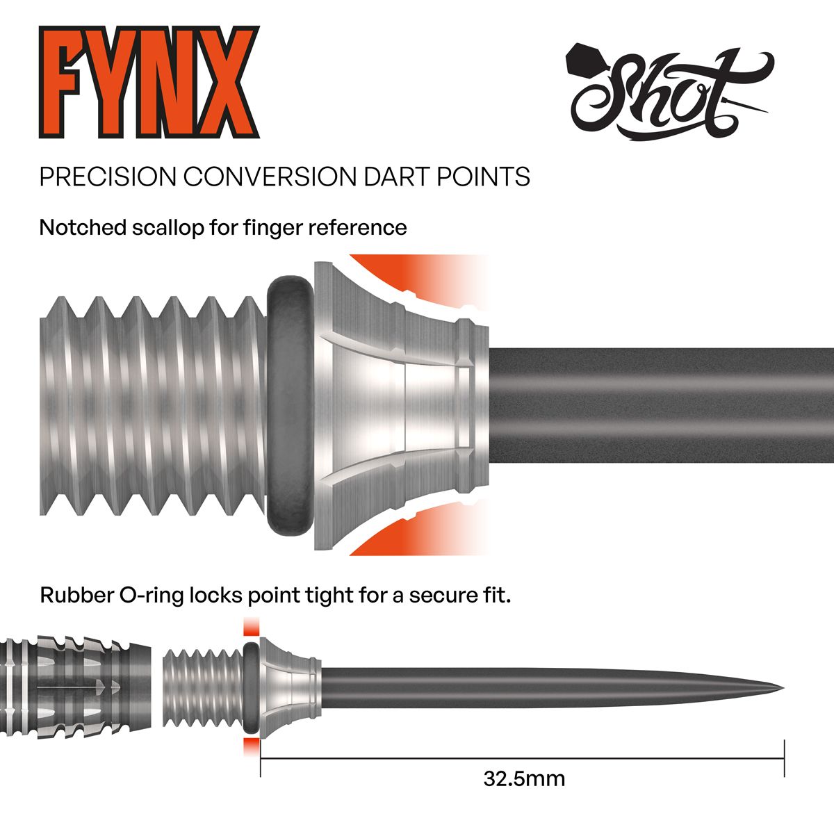 Dieses Bild stellt die Shot Fynx Conversion Points mit 32 mm Länge dar. Die Dartspitzen sind für eine einfache Umrüstung geeignet.
