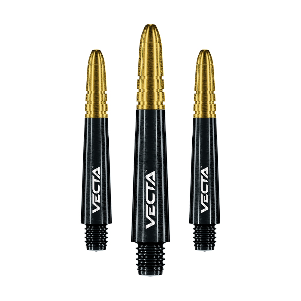 7025-109_Winmau_Vecta_Shafts_Schwarz_Gold_34mm_1 Auf dem Bild sind drei schwarze und goldene Dartschäfte der Marke Vecta zu sehen. Sie sind unterschiedlich lang und haben ein modernes, glänzendes Design.