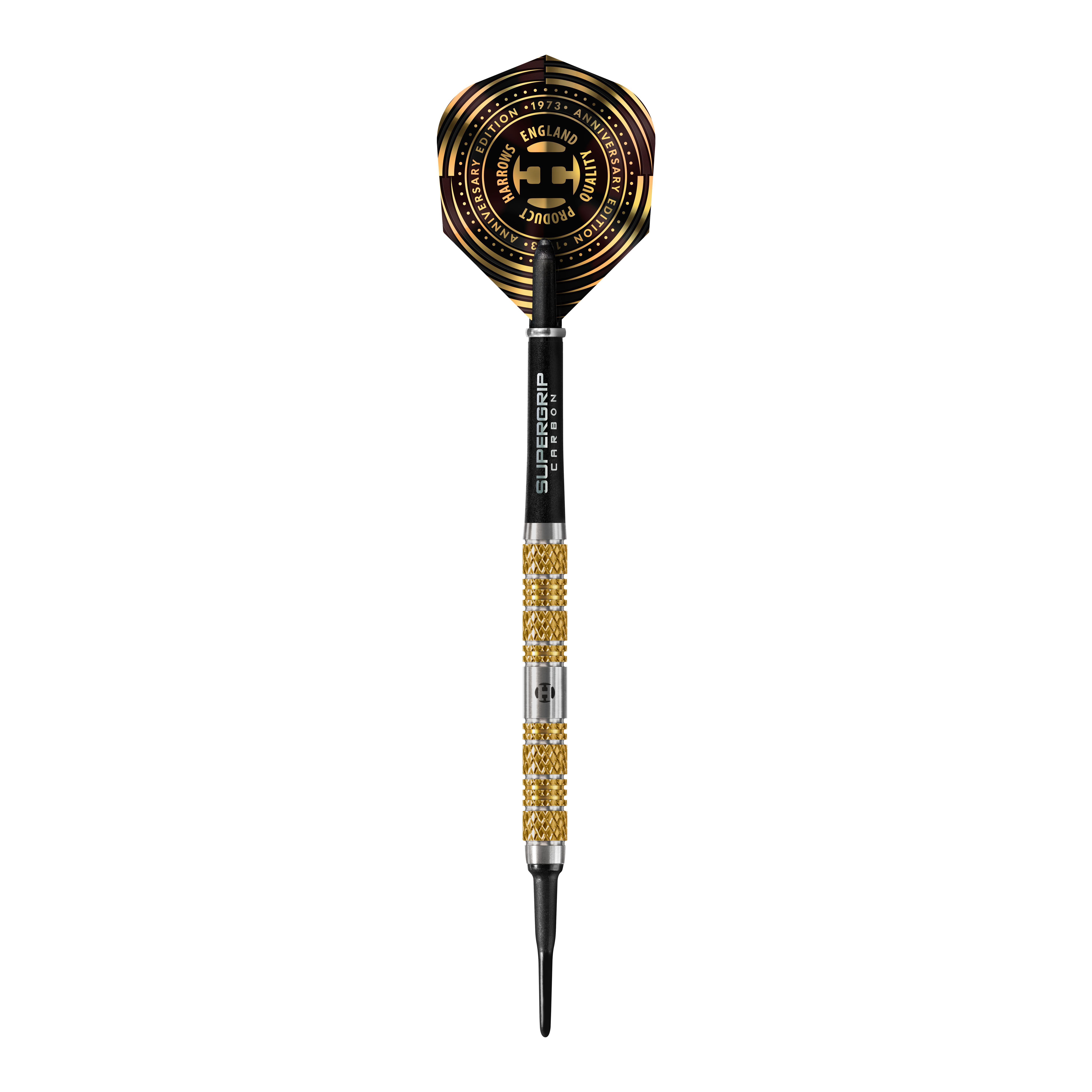 Harrows Anniversary Edition Atlantis Softdarts - 18g Das Bild zeigt einen Harrows Anniversary Edition Atlantis Softdart mit einem Gewicht von 18g. Der Dartpfeil hat goldene Akzente und einen schwarzen Flight mit Jubiläums-Design.