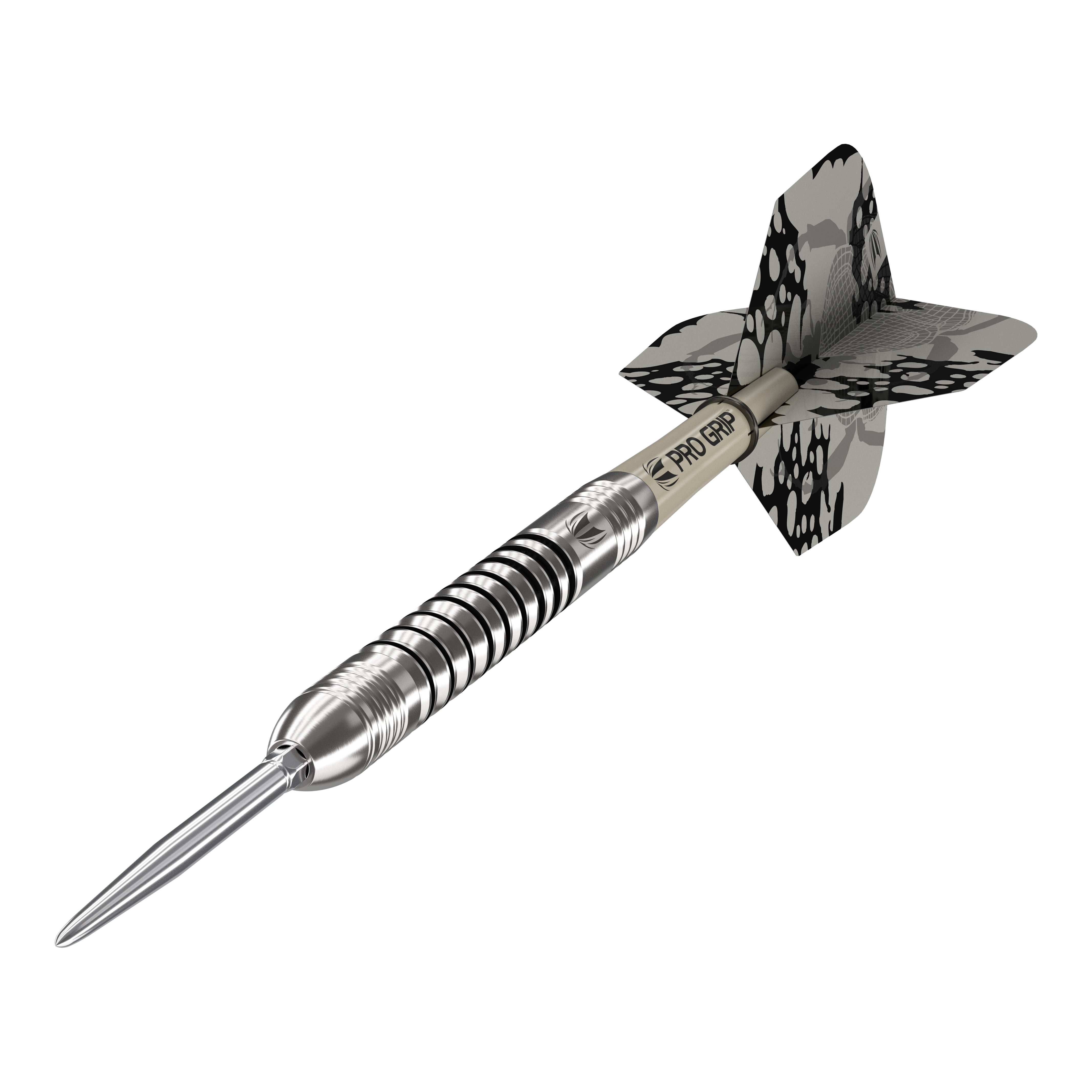 Target EXO SP03 Swiss Point Steeldarts Auf dem Bild ist ein Target EXO SP03 Swiss Point Steeldart zu sehen. Der Dartpfeil hat ein silbernes Design mit schwarzen Ringen und einem gemusterten Flight.