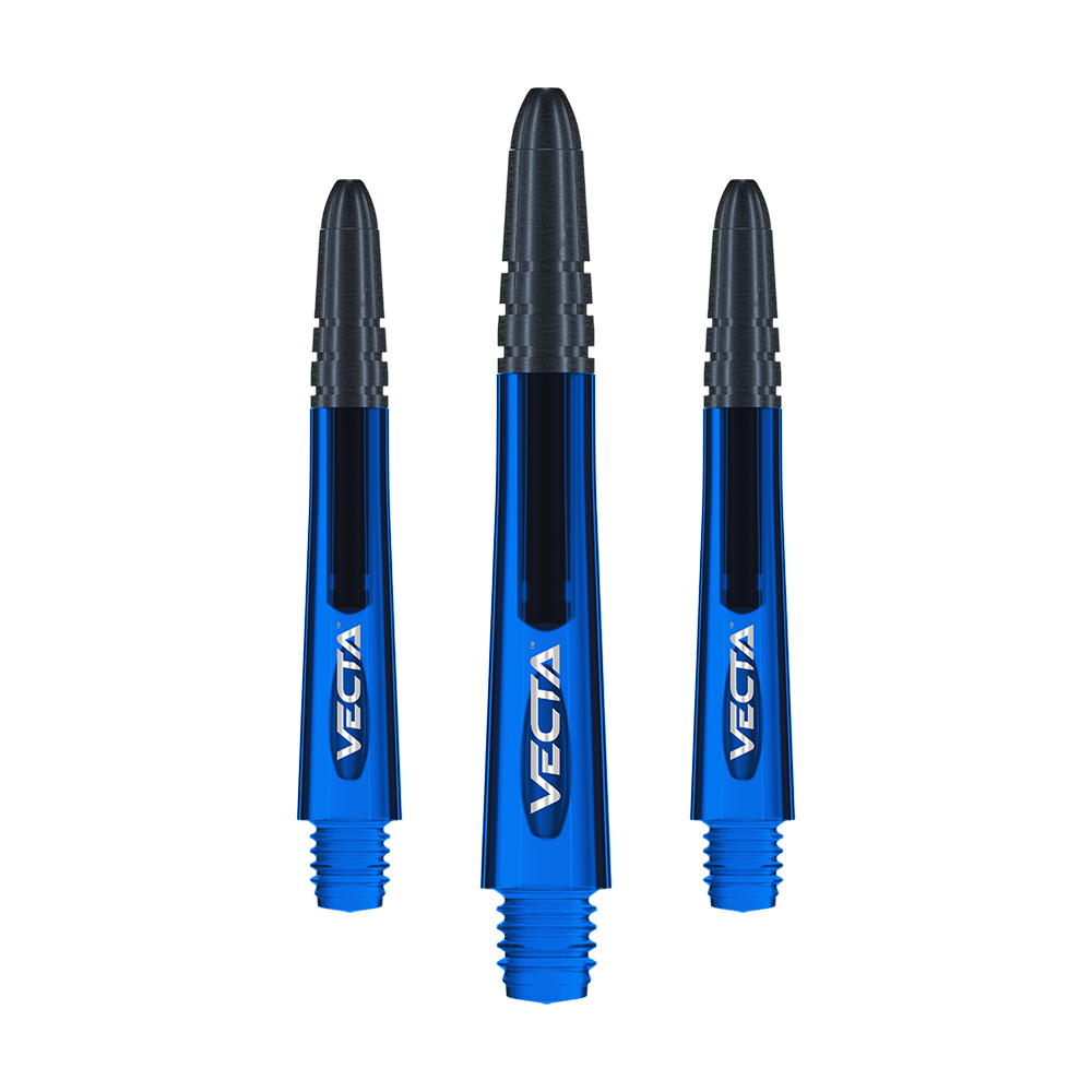 Das Bild zeigt drei blaue Winmau Vecta Shafts für Dartpfeile. Die Spitzen der Shafts sind schwarz und auf jedem Shaft steht das Wort "VECTA".
