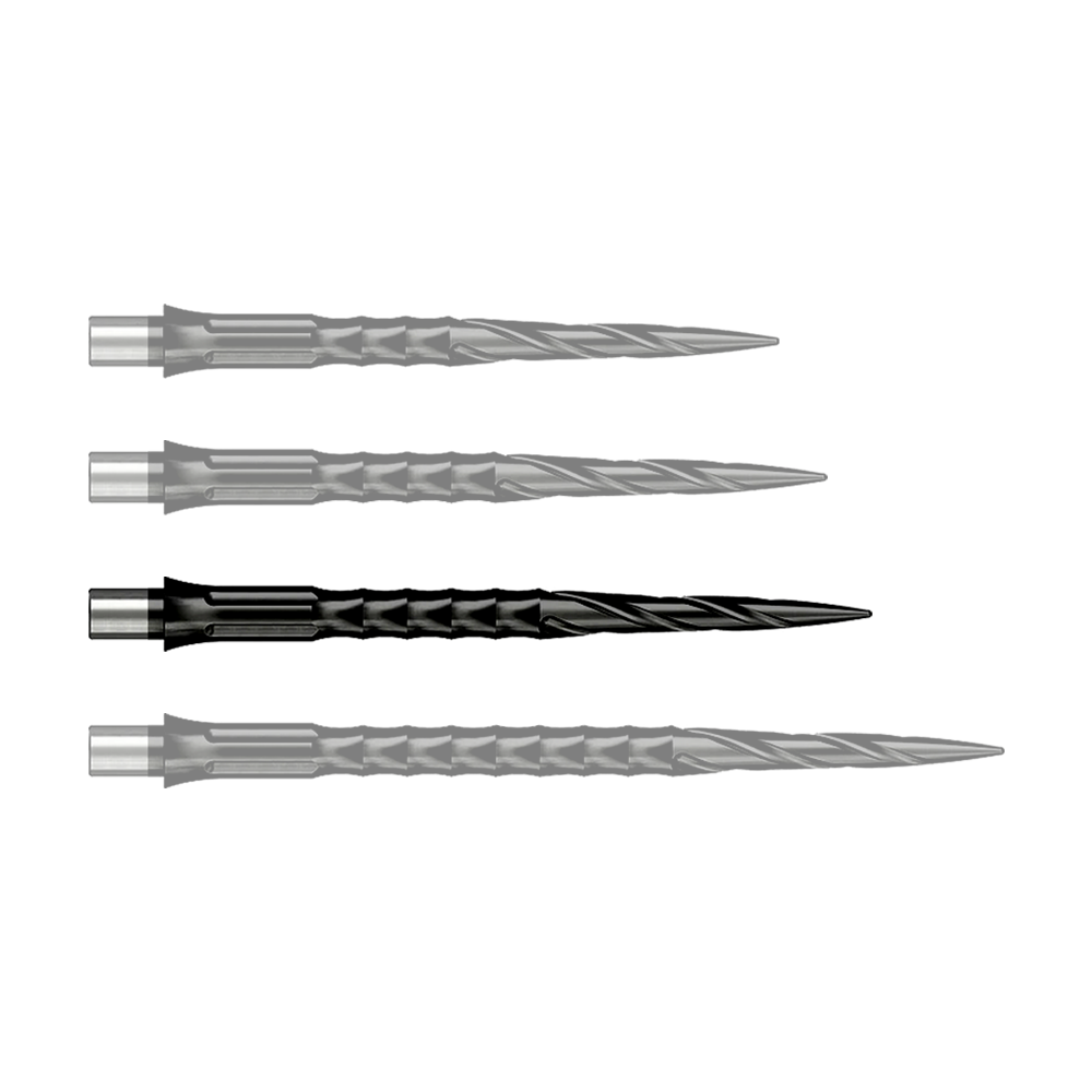 Dieses Bild stellt eine einzelne Steeldartspitze des Caliburn Evo Systems, Spiro NoLip Black, 36mm dar. Die Spitze ist schwarz und für präzises Dartswerfen gefertigt.