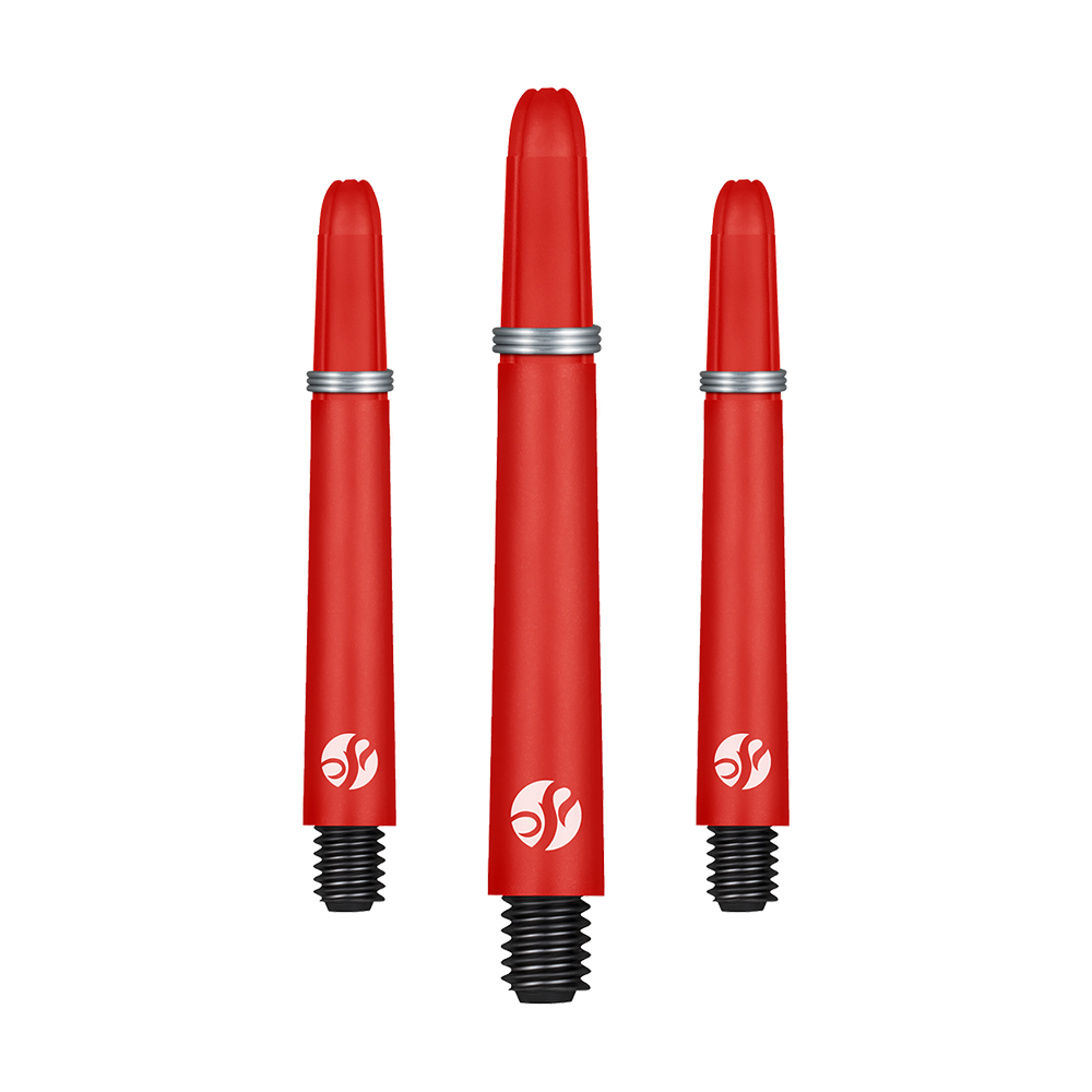 Shot Koi Carbon Shafts - Rot Das Bild zeigt drei rote Dartschäfte mit schwarzen Gewinden und silbernen Ringen. Alle drei Schäfte haben ein weißes Logo aufgedruckt.