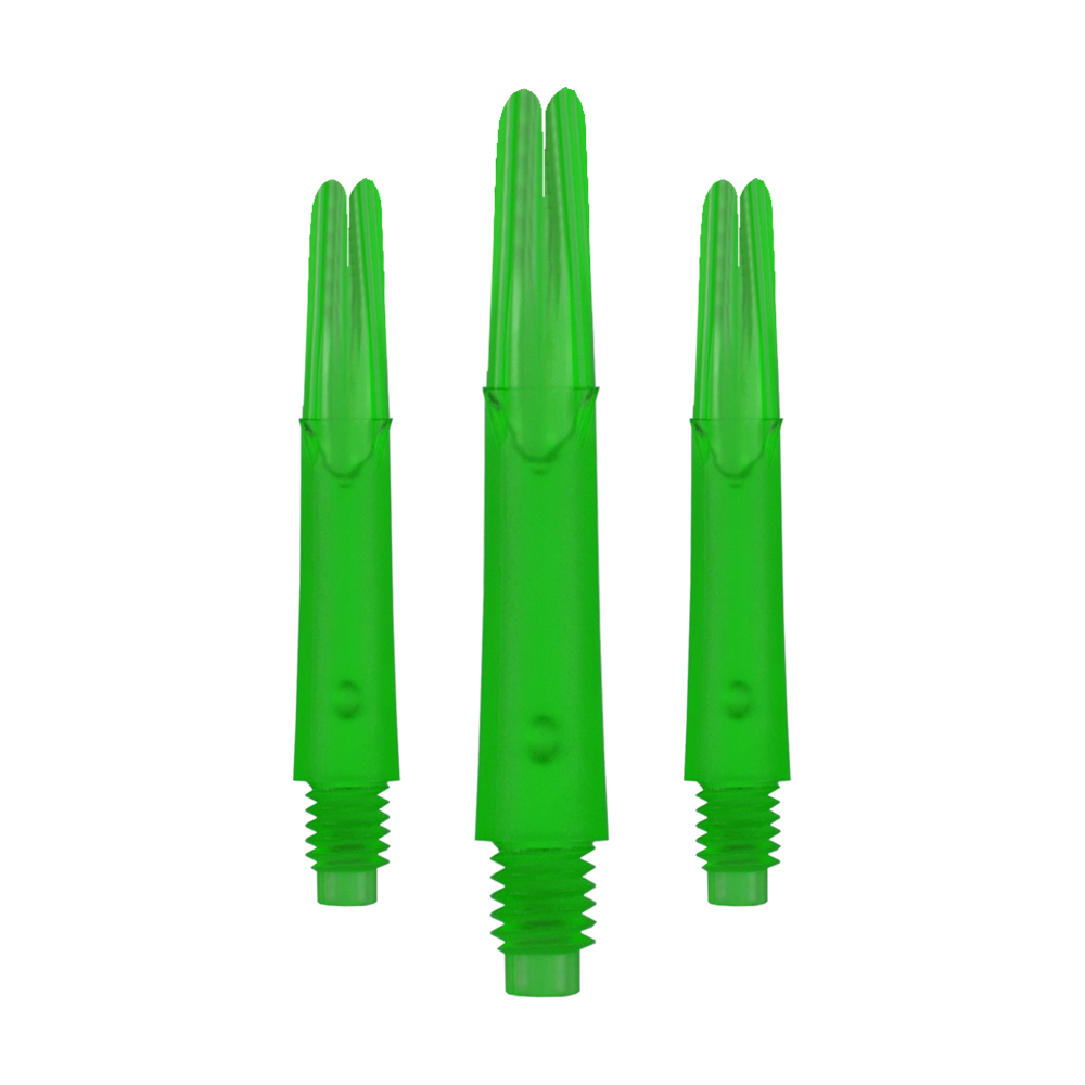 L-Style L-Shafts Locked Straight - Green 190 L-Style L-Shafts Locked Straight, spezielle Farbe, längeres Set. Das Foto zeigt drei lange Dart-Schäfte aufgereiht.