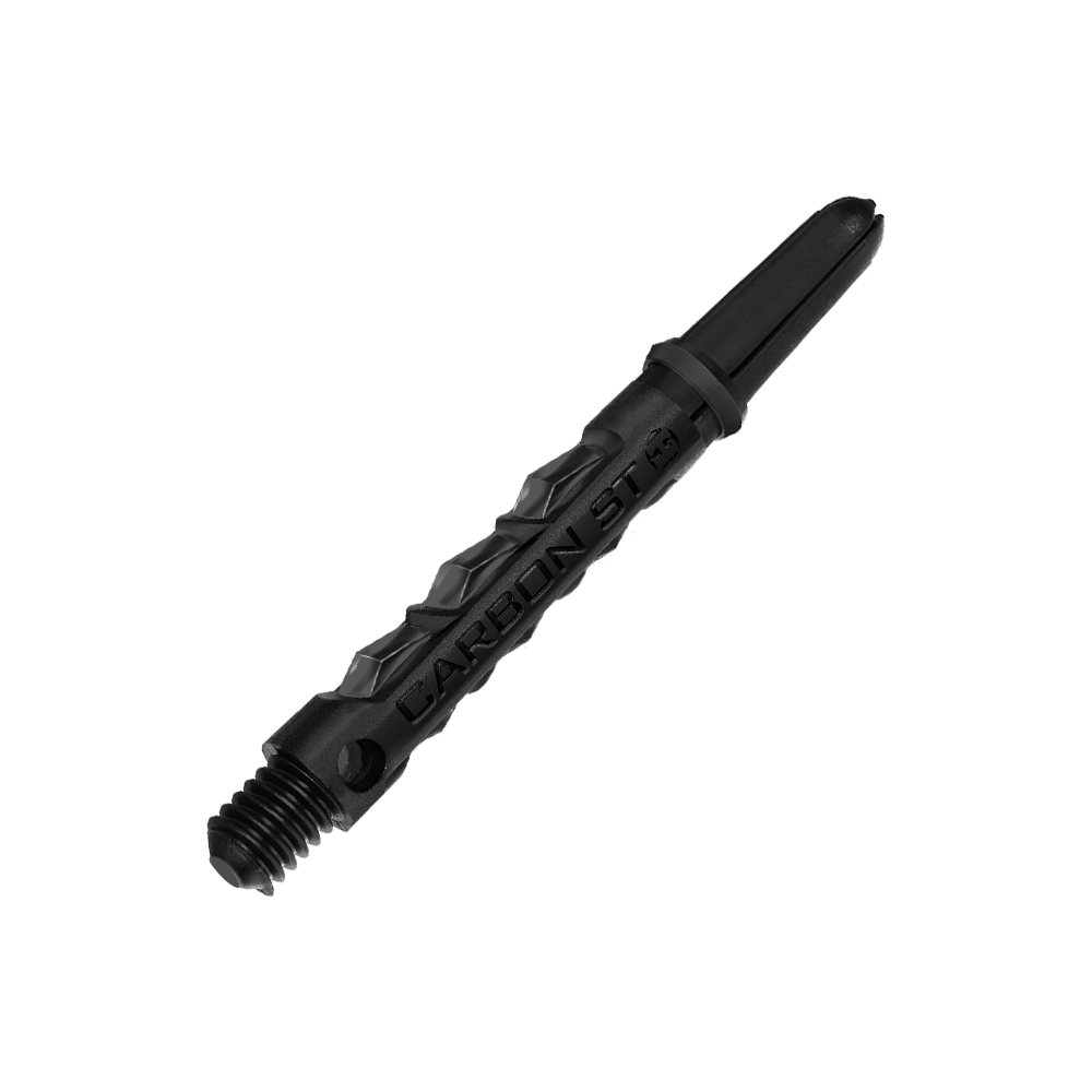 HR435_Harrows_Carbon_ST_Shafts_Schwarz_40mm_2 Das Bild zeigt einen schwarzen Harrows Carbon ST Shafts für Darts. Der Schaft besteht aus robustem Carbonmaterial und hat eine strukturierte Oberfläche.