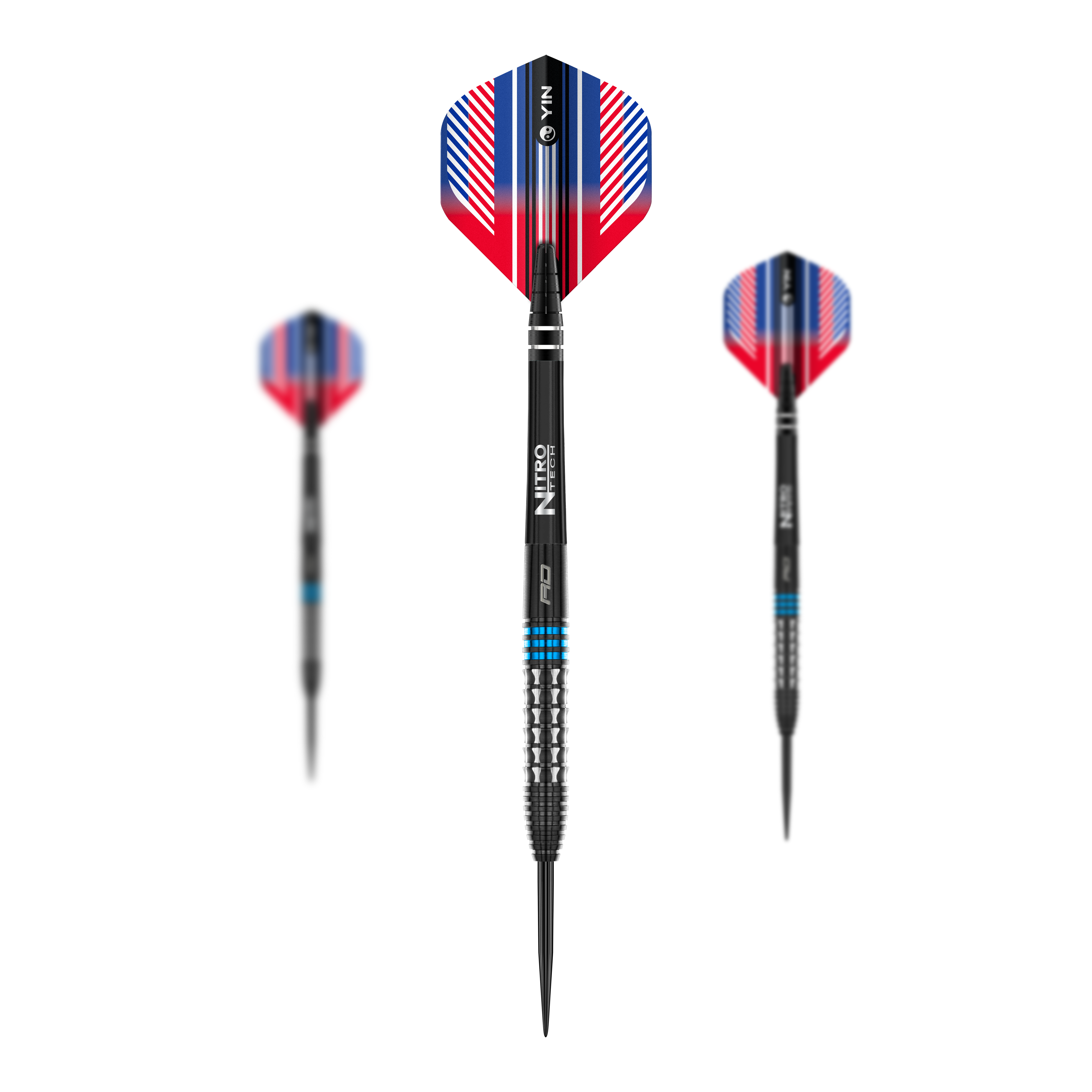 Red Dragon Vengeance Blue Steeldarts Das Bild zeigt drei Steeldarts des Produkts 'Red Dragon Vengeance Blue'. Die Darts haben schwarze Spitzen, silberne Griffe mit blauen Ringen und auffällige Flights in Rot, Blau und Weiß.