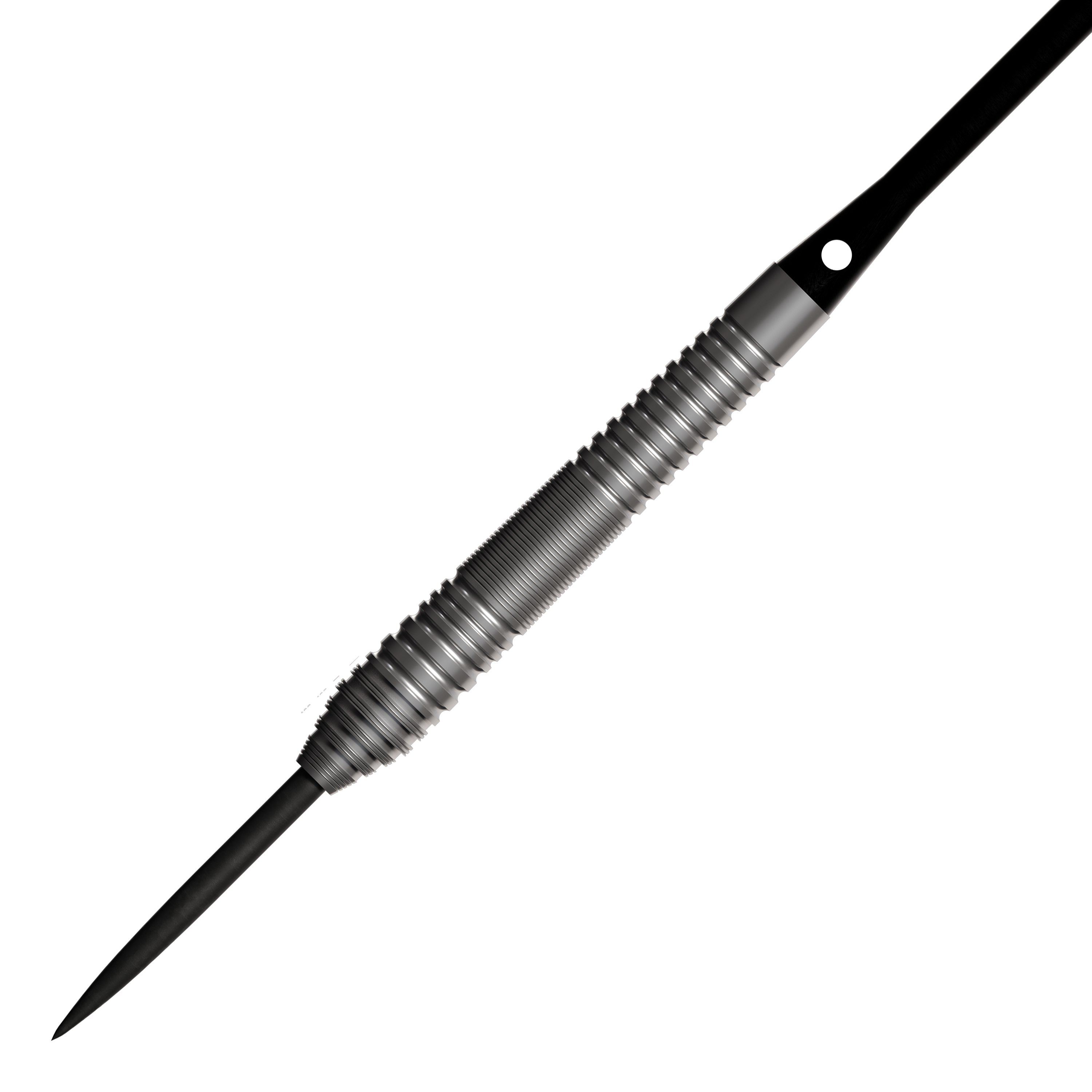 Bulls NL Dirk Van Duijvenbode 80 Steeldarts Auf dem Bild ist ein Steeldart mit einem silbernen, geriffelten Griff und einer schwarzen Spitze zu sehen. Es handelt sich um das Produkt "Bulls NL Dirk Van Duijvenbode 80 Steeldarts".