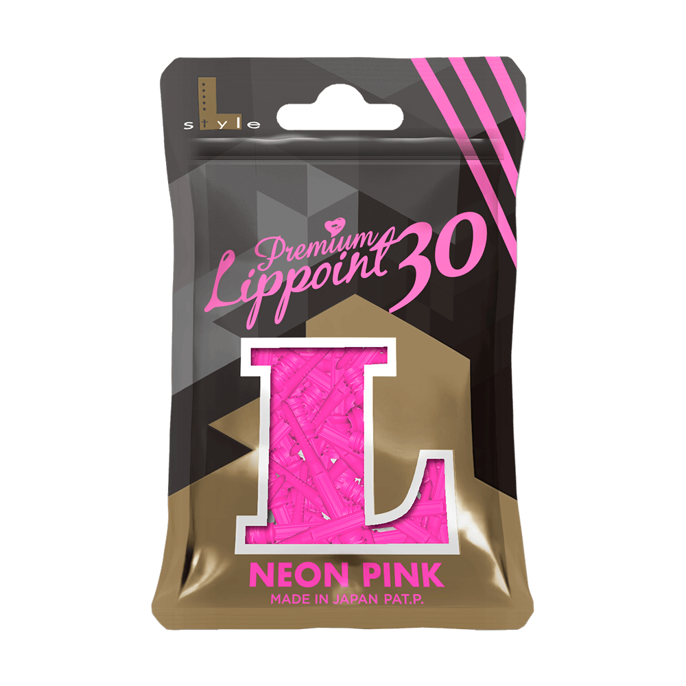 Die Abbildung zeigt eine Packung „L-Style Premium Lippoints 30 (30er Pack) - 30mm“ in Neon Pink. Die Verpackung ist schwarz-gold mit einem großen „L“ und einer Sichtöffnung, die die pinken Spitzen zeigt.