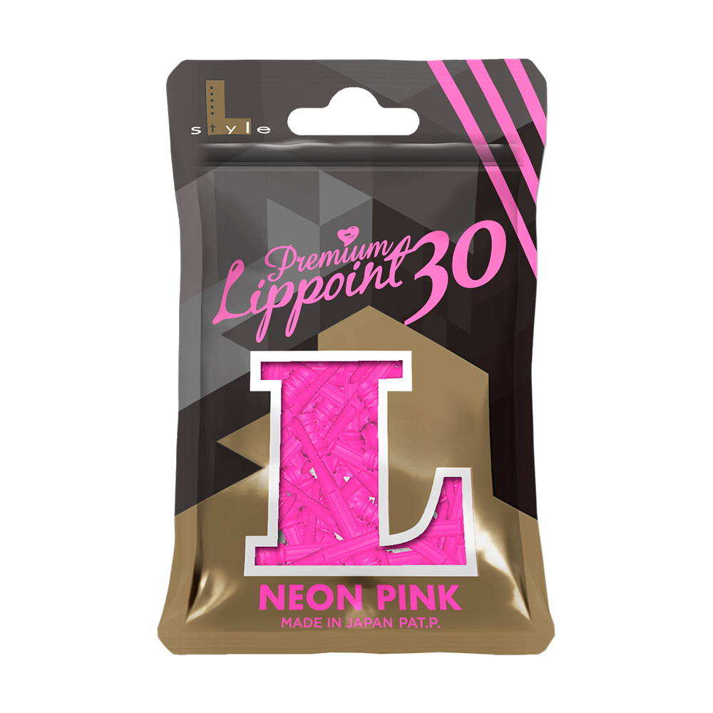 LIP_L-Style_Premium_Lippoints_30_Softdartspitzen_30erPack_NeonPink_3 Die Abbildung zeigt eine Packung „L-Style Premium Lippoints 30 (30er Pack) - 30mm“ in Neon Pink. Die Verpackung ist schwarz-gold mit einem großen „L“ und einer Sichtöffnung, die die pinken Spitzen zeigt.