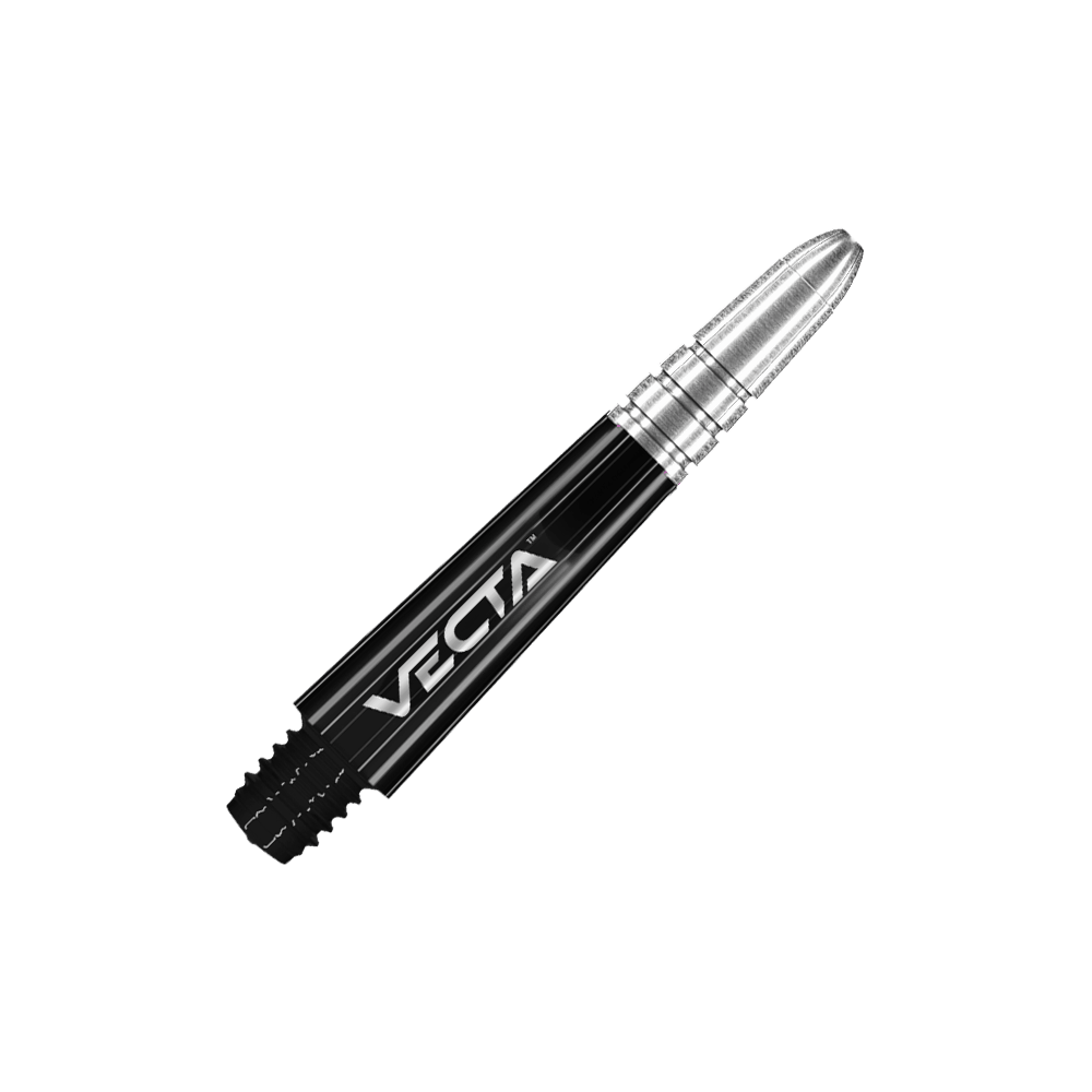 Das Bild zeigt einen schwarzen und silbernen Winmau Vecta Dartshaft mit der Aufschrift "VECTA". Der Schaft ist 34 mm lang und besteht aus Metall und Kunststoff.