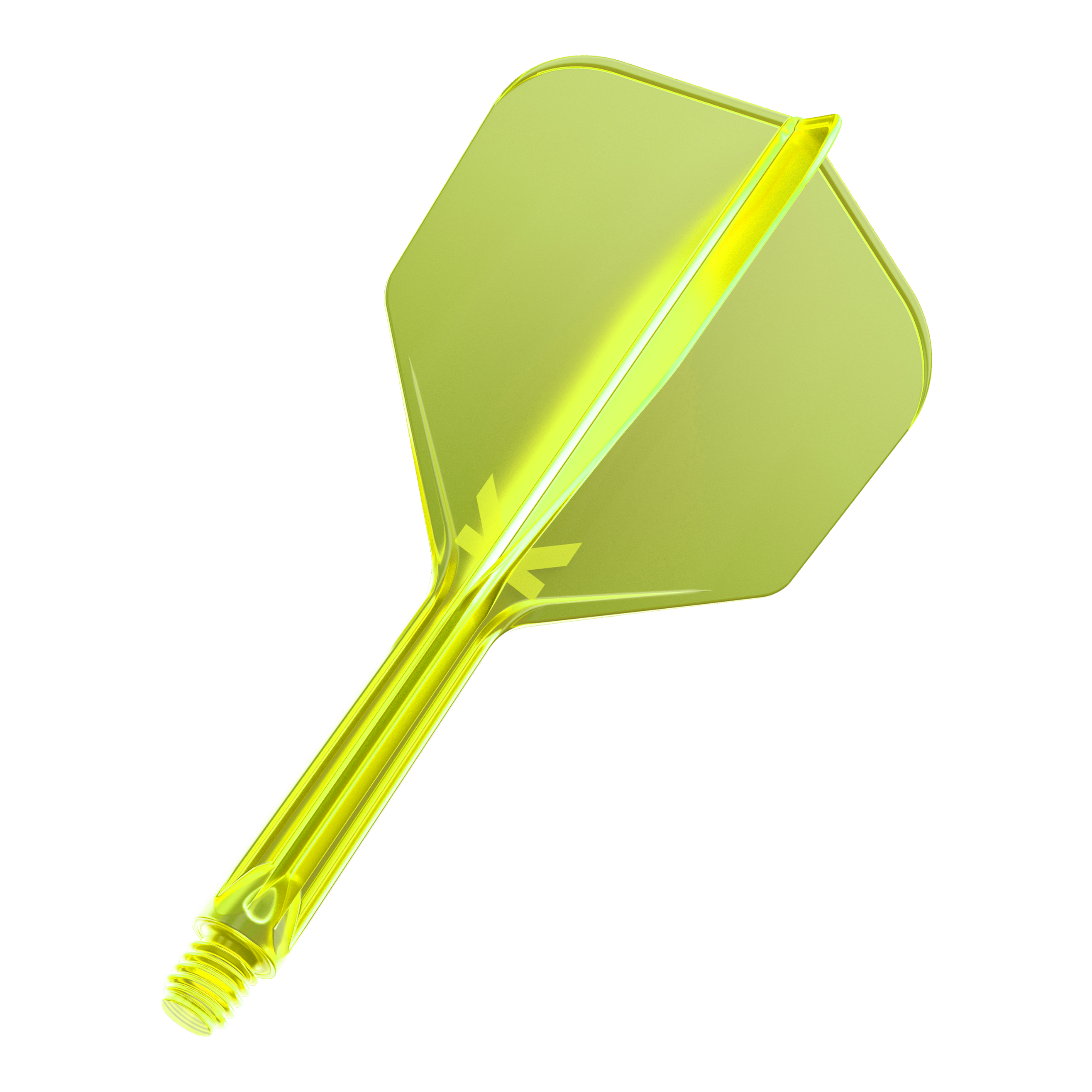 Das Bild zeigt einen neon-gelben Dartflight mit integriertem Schaft. Der Schaft ist transparent und besitzt ein Schraubgewinde am Ende.
