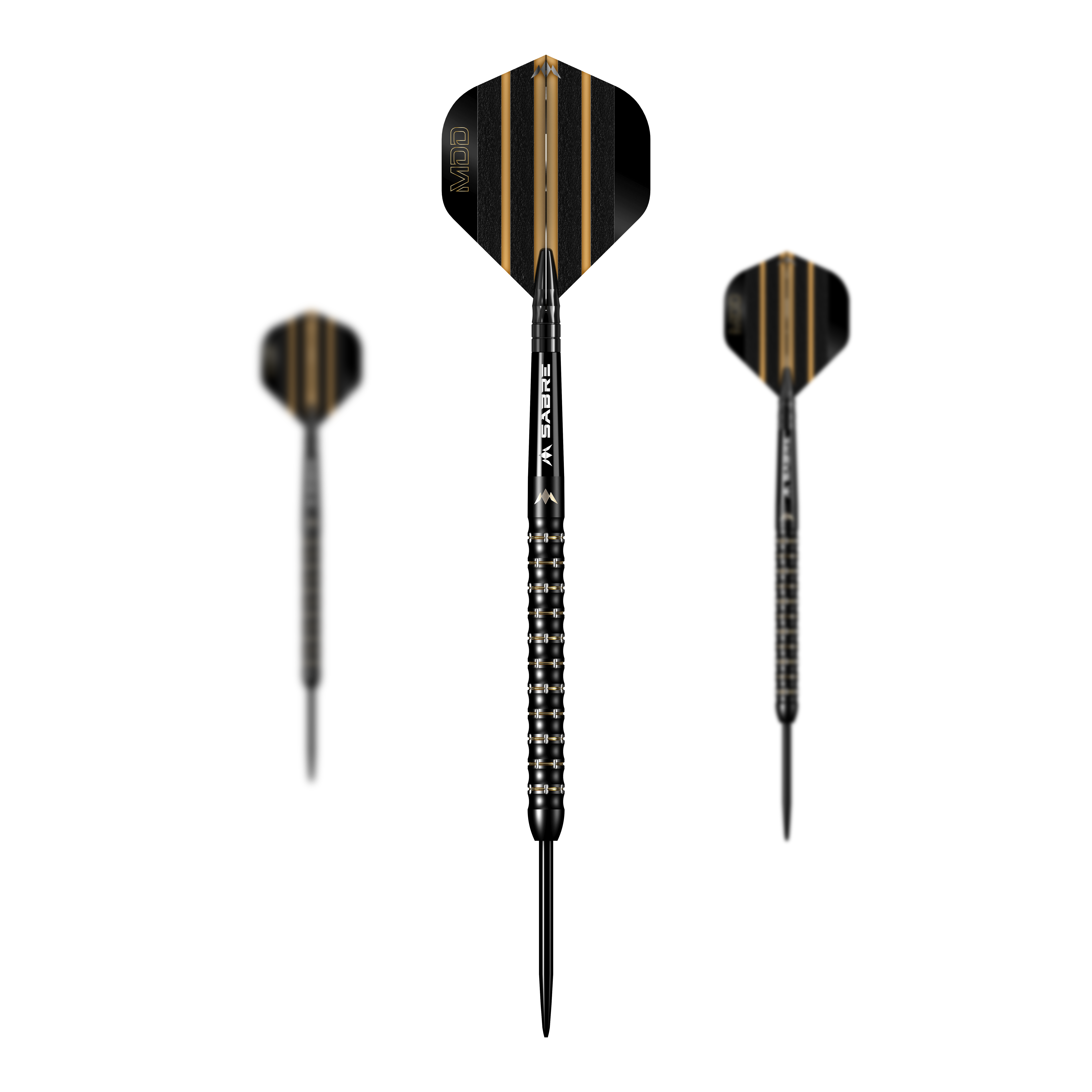 Mission Mike De Decker MDD Black Gold Steeldarts Das Bild zeigt drei Steeldarts des Modells "Mission Mike De Decker MDD Black Gold". Die Darts sind schwarz-gold gestaltet und besitzen ein modernes, auffälliges Design.