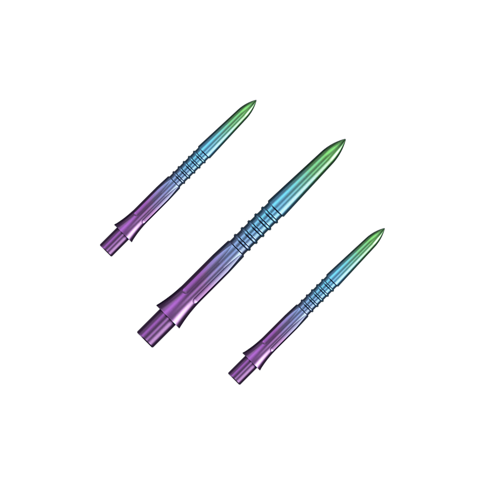 Mission Caliburn EVO Dartspitzen GV1 - Rainbow Das Bild zeigt Steeldartspitzen in Regenbogenfarben mit einer Länge von 26 mm. Es handelt sich um ein Set namens Mission Caliburn EVO GV1.