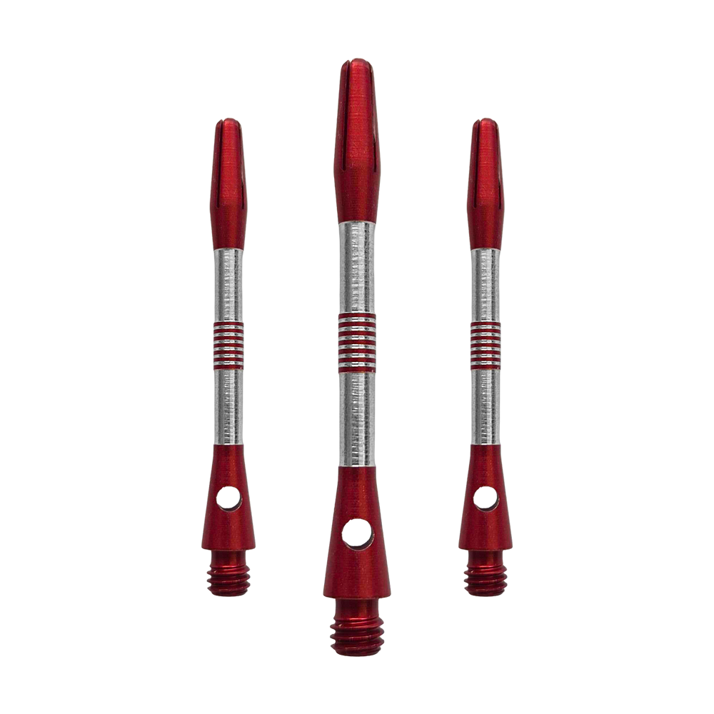 Zu sehen ist ein Set aus roten Aluminium Shafts mit 48 mm Länge. Diese werden typischerweise für Pfeile beim Dartspielen genutzt.